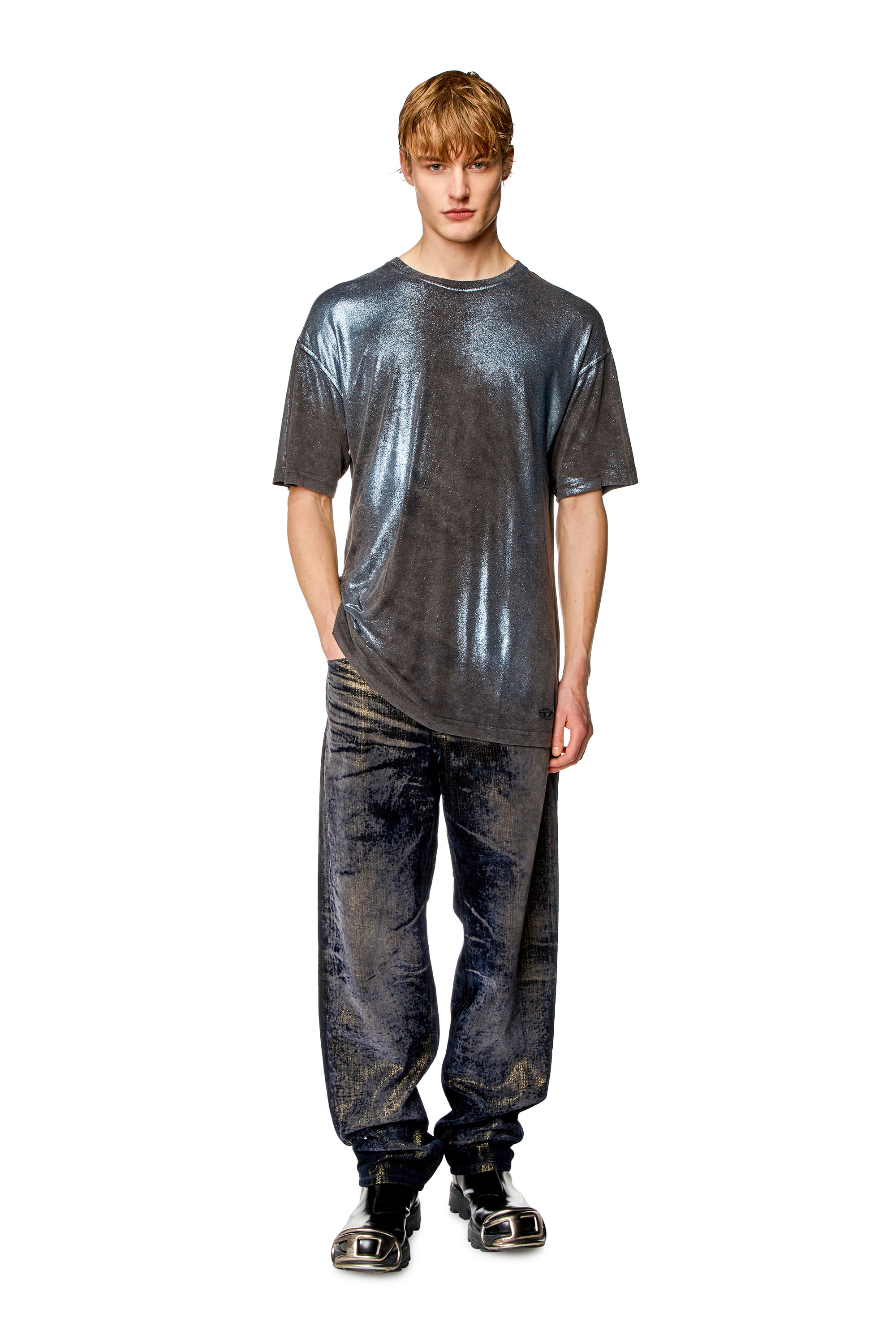 Diesel - T-BUXT, Man's Faded metallic T-shirt in Black/Blue - 3