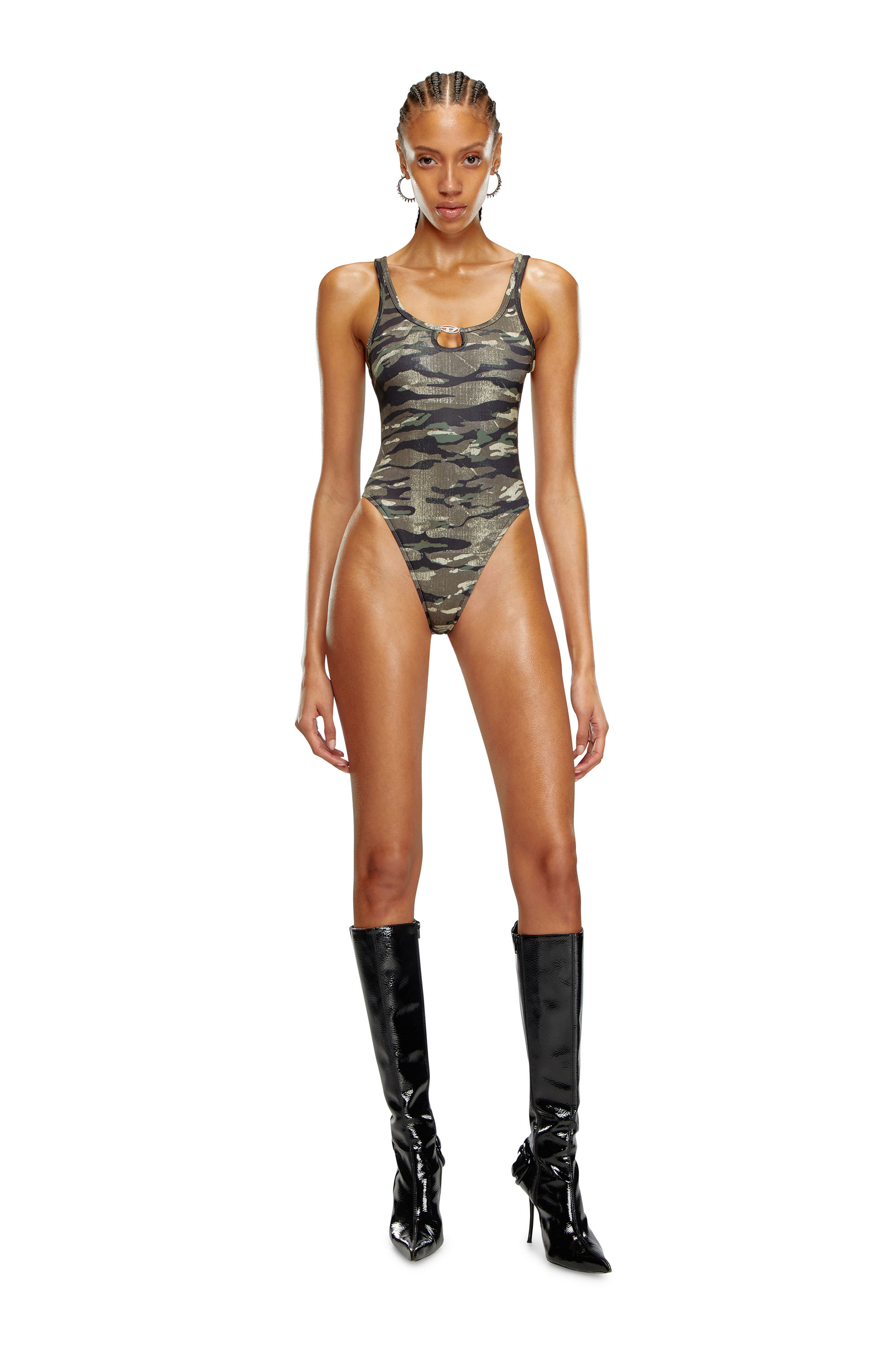 Diesel - BFSW-UT-BODY, Woman's Ribbed swimsuit with camo print in Green Camouflage - 3