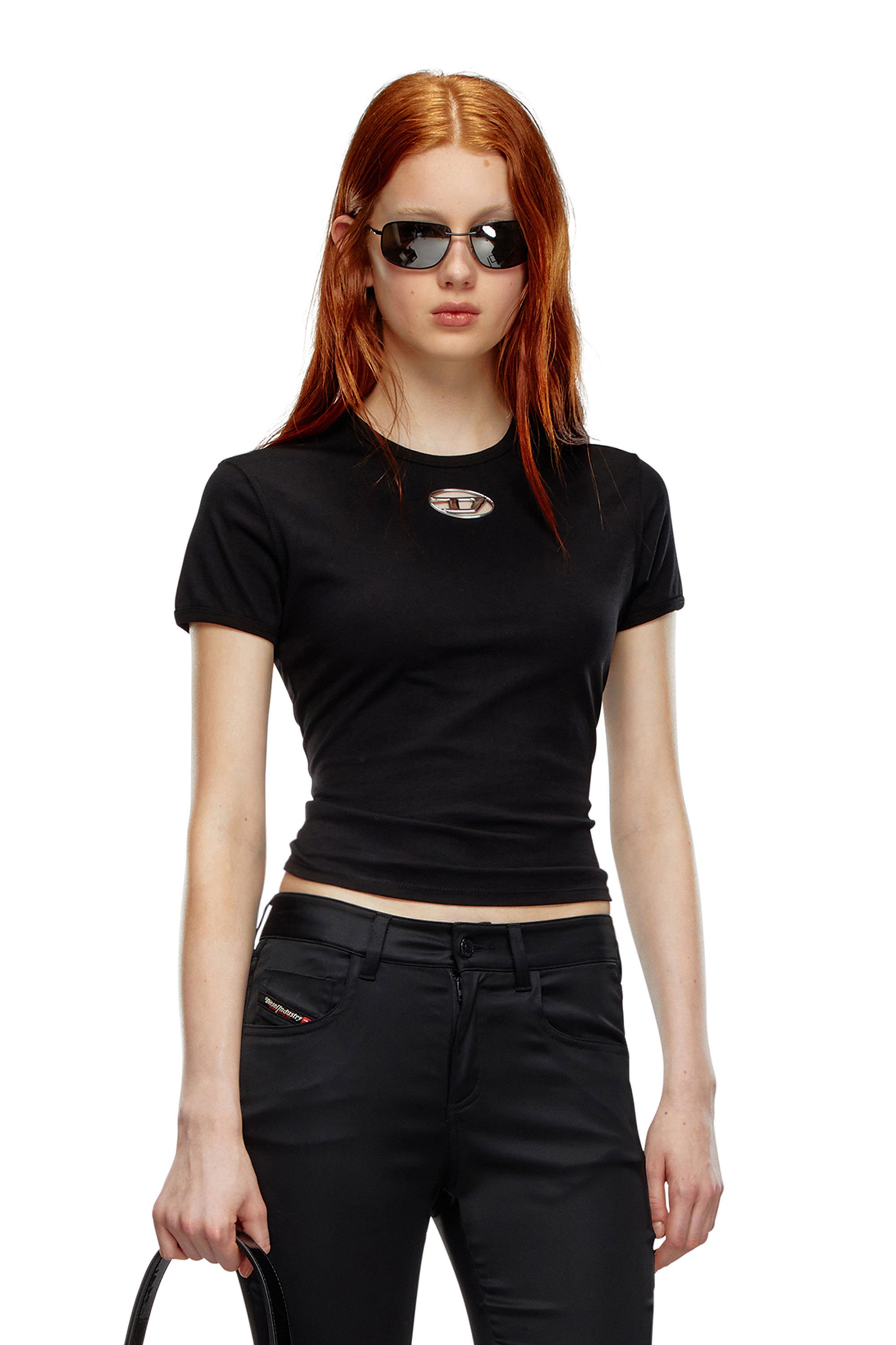 Diesel - T-UNCUTIE-LONG-OD, Woman's T-shirt with injection-moulded Oval D in Black - 1