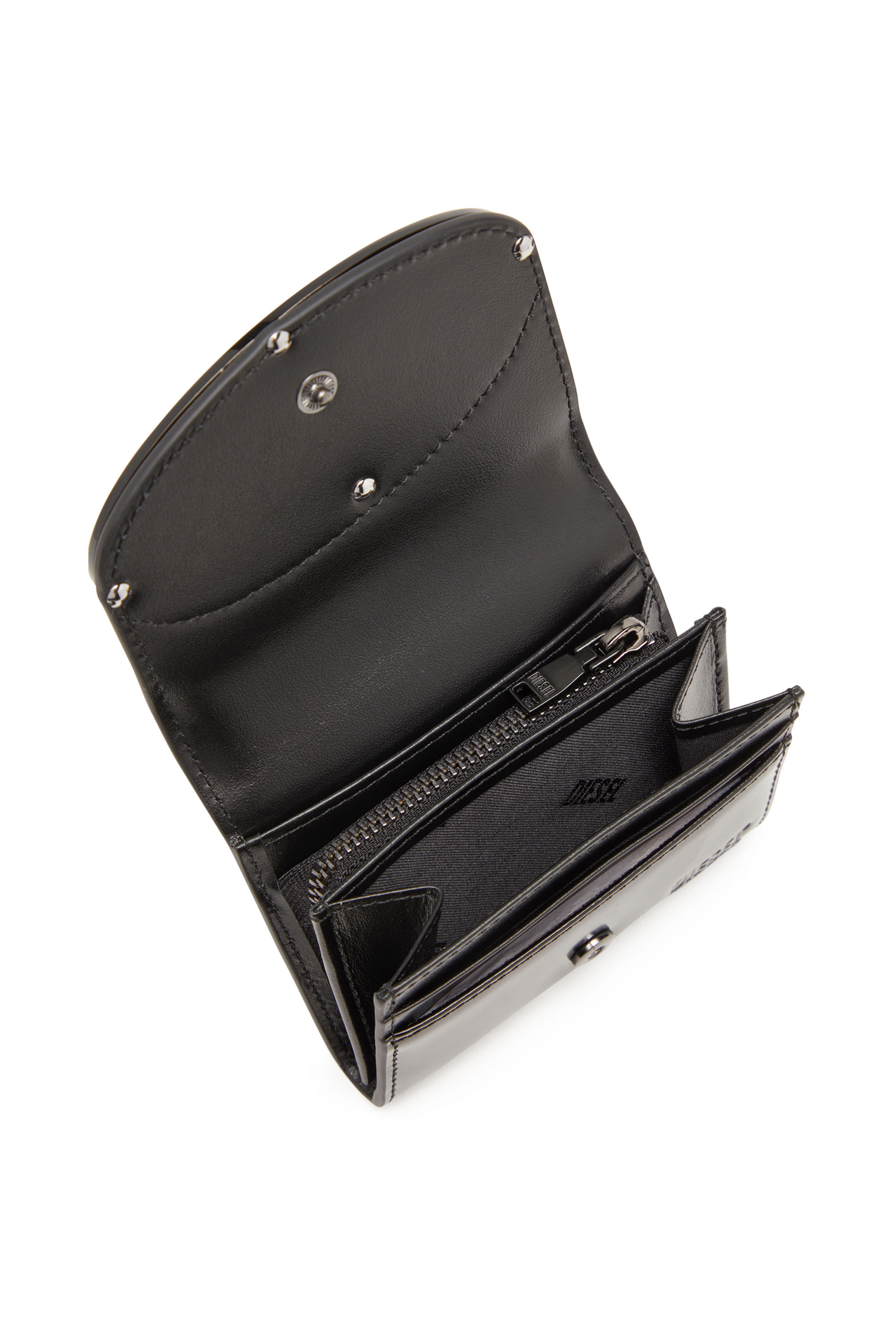 Diesel - 1DR CARD HOLDER BI-FOLD ZIP III, Tarjetero de cuero espejado que se pliega por la mitad Mujer in Negro - 3