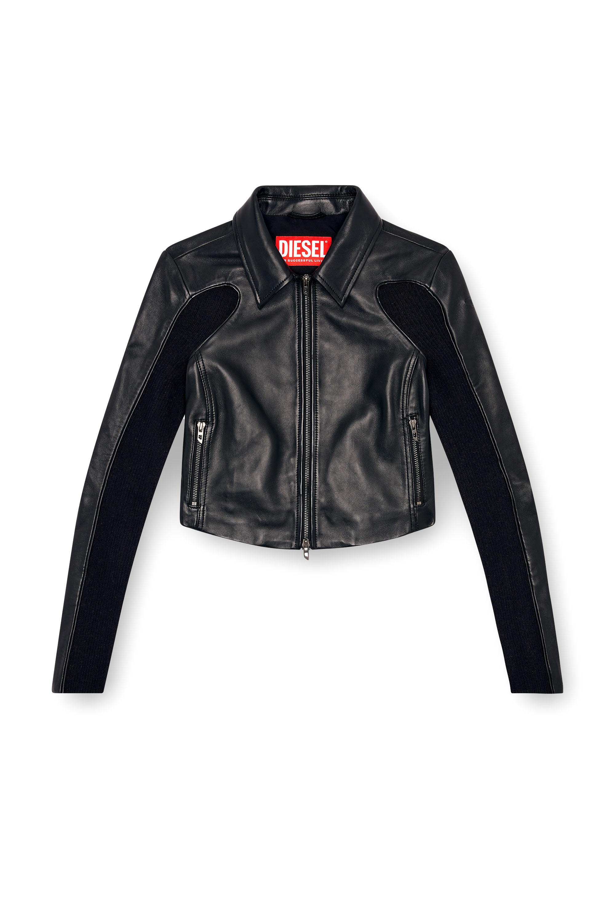 Diesel - L-TOTEM-P1, Woman's Cropped leather jacket with knit inserts in Black - 5