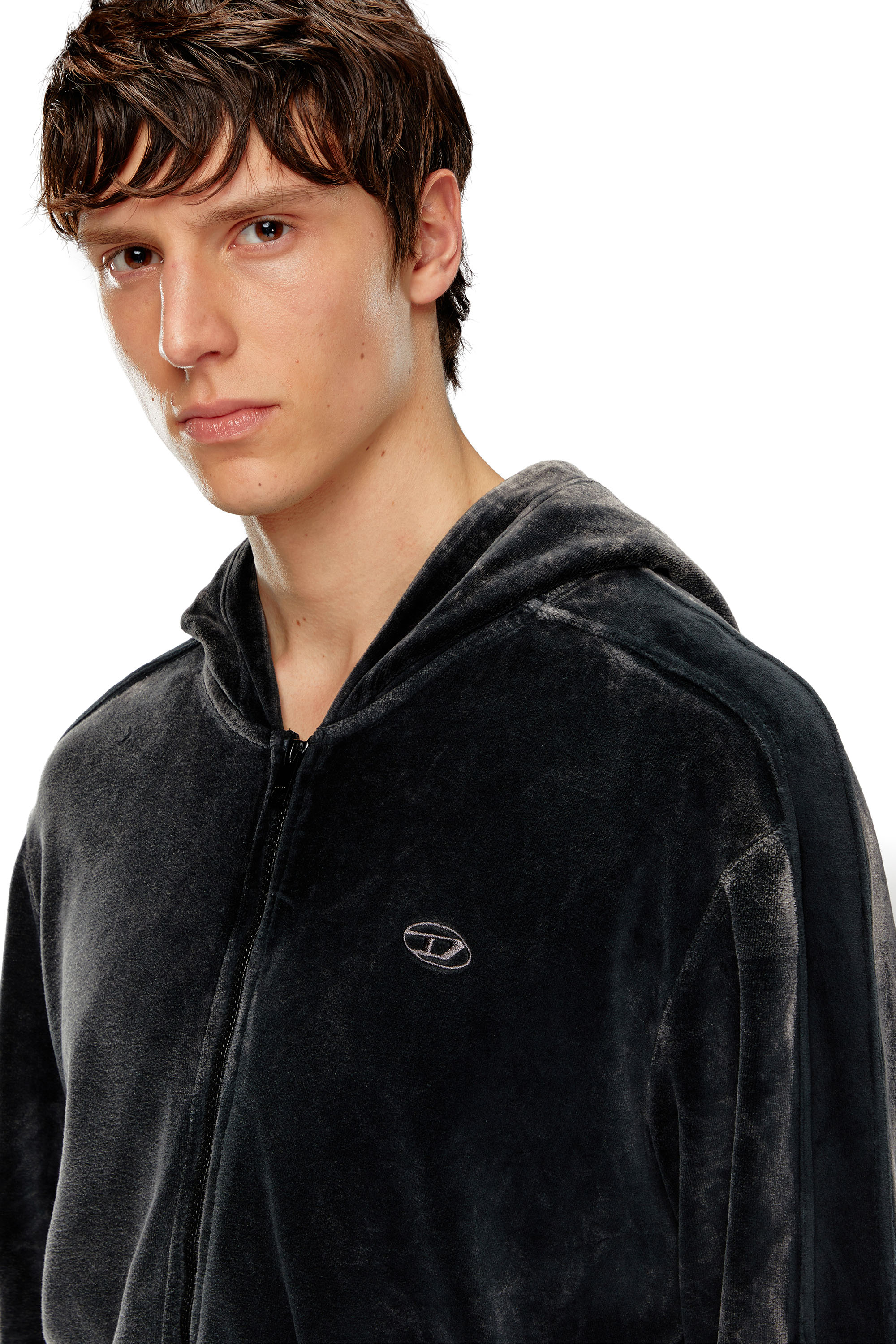 Diesel - S-OCLOCK, Man's Acid-wash chenille zip-up hoodie in Black - 4