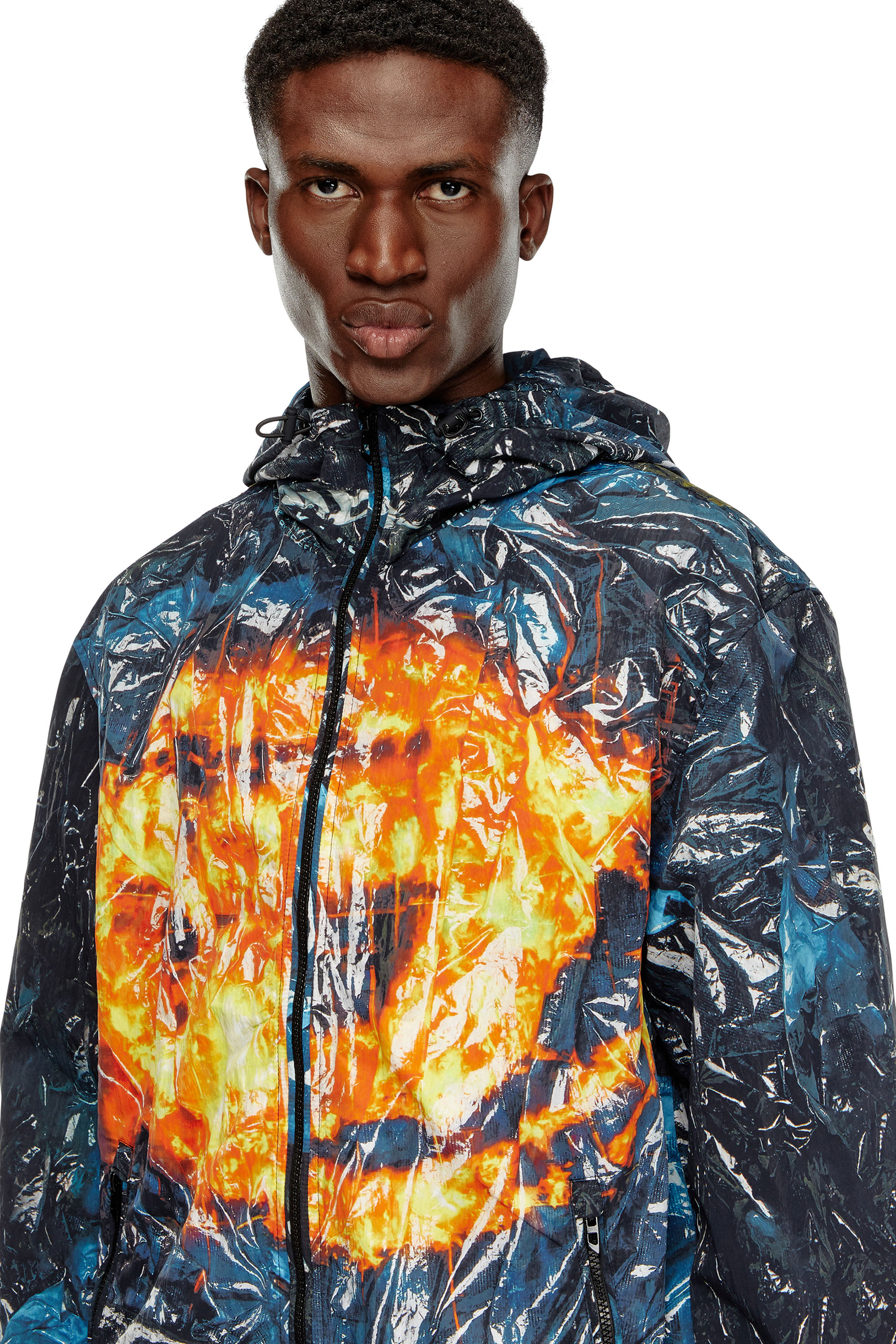 Diesel - J-WARRETT-POSTER, Man's Hooded windbreaker with poster print in Blue/Black - 4