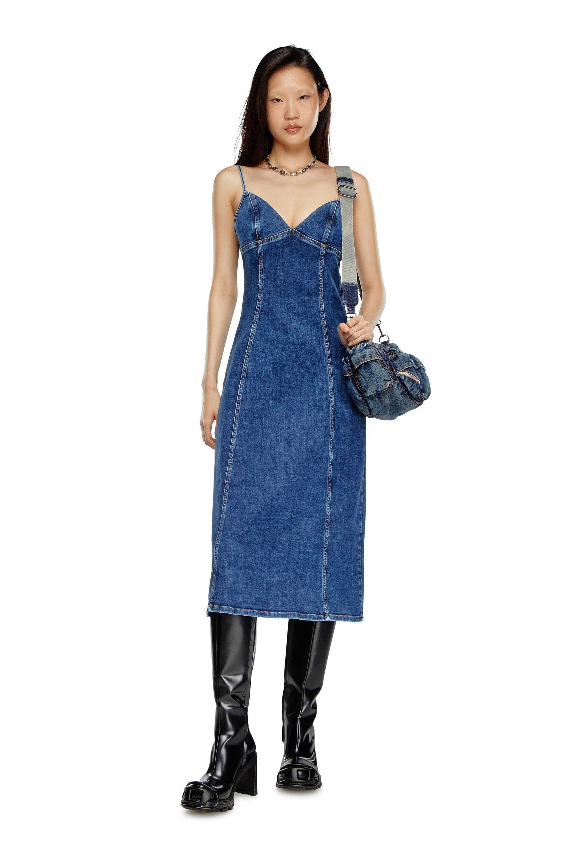 Diesel - DE-FULVY-DRESS-D, Vestido midi de tirantes en denim Mujer in Azul marino - 1