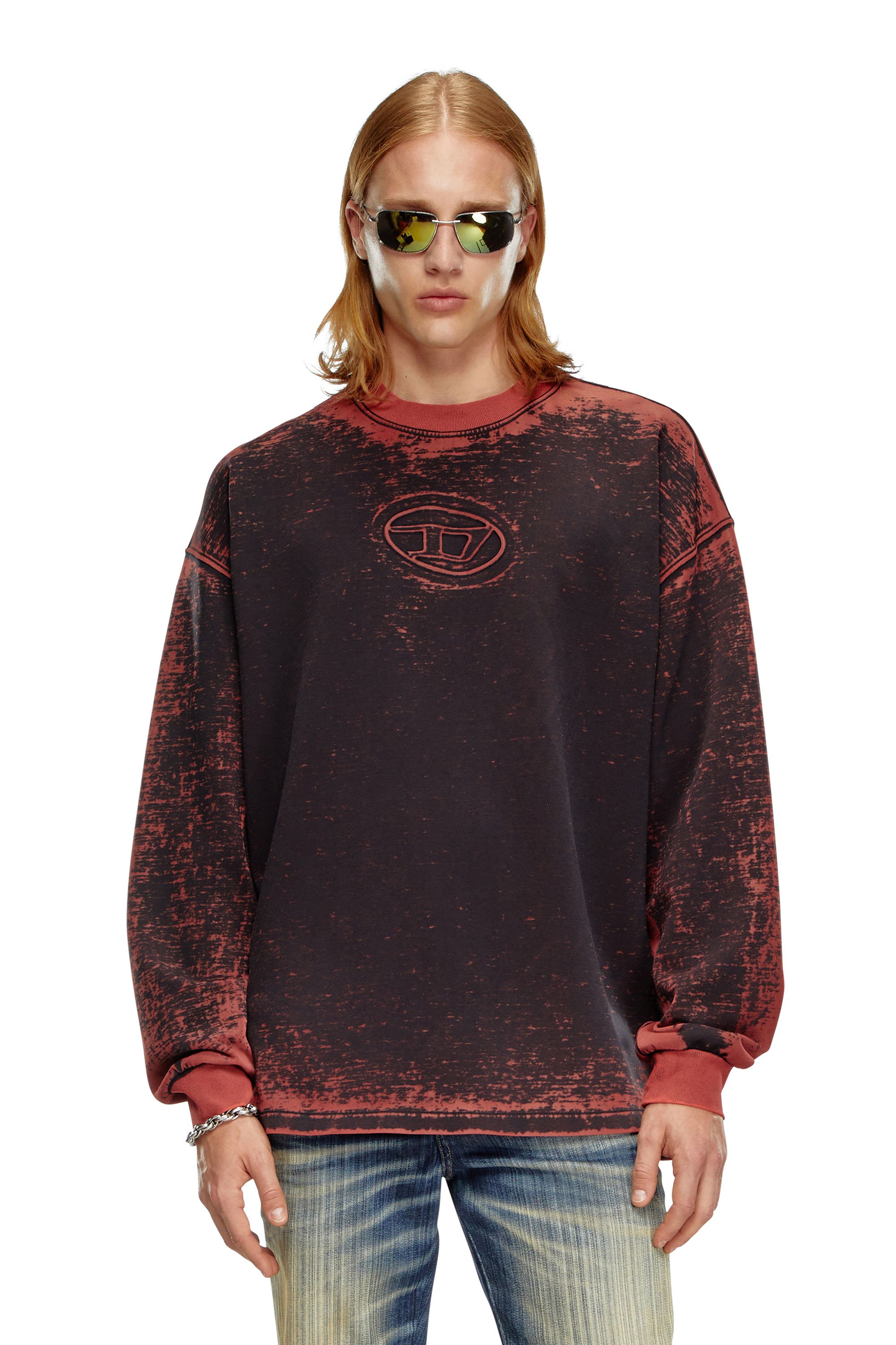 Diesel - S-BAXT-Q1, Sudadera en tejido burn-out y Oval D en relieve Hombre in Rojo - 1