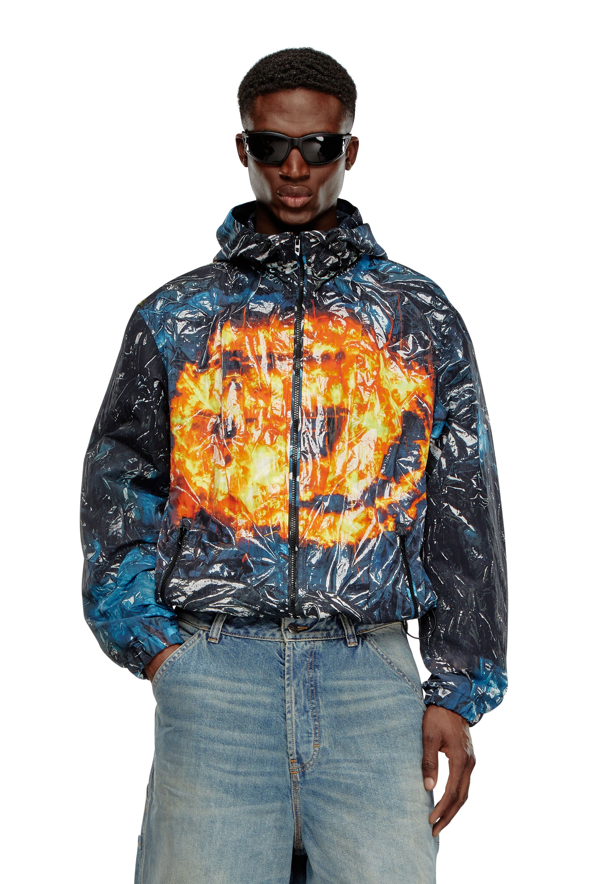 Diesel - J-WARRETT-POSTER, Man's Hooded windbreaker with poster print in Blue/Black - 1