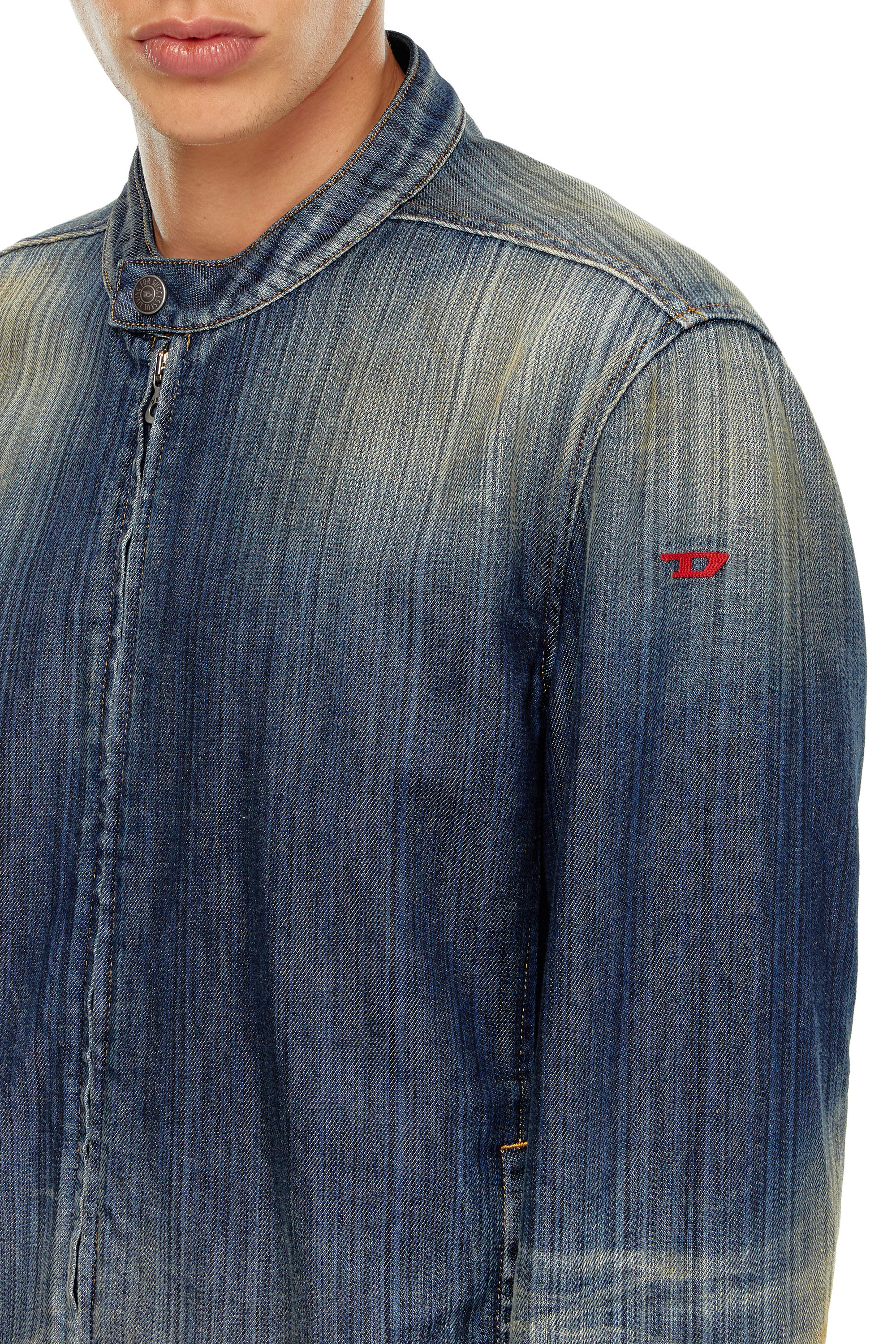 Diesel - D-GLORY, Man's Moto jacket in streaky denim in Dark Blue - 4