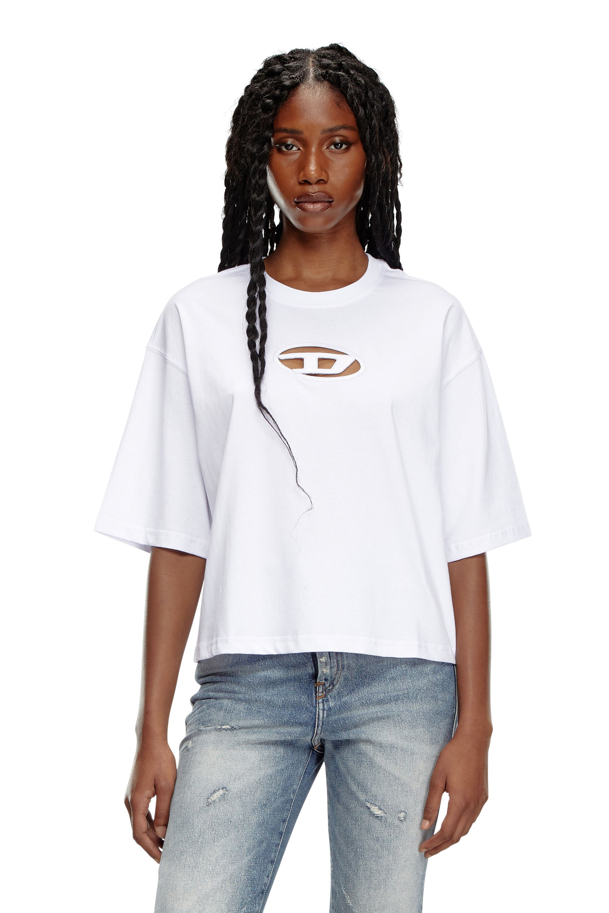 Diesel - T-BUXT-CROP-OD, Woman's Boxy T-shirt with cut-out Oval D logo in White - 1