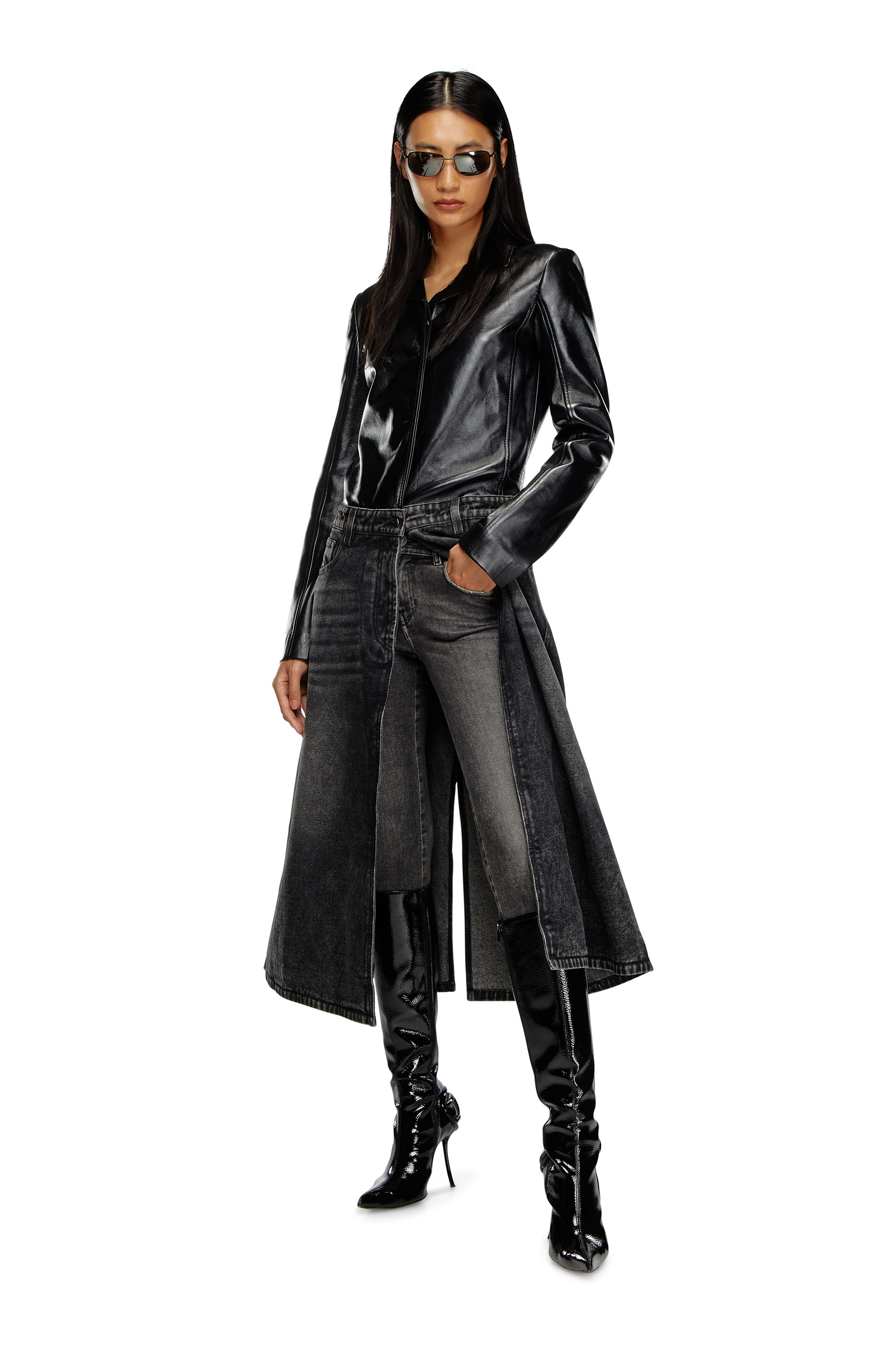 Diesel - L-ORY, Woman's Hybrid coat in denim and leather in Black - 1