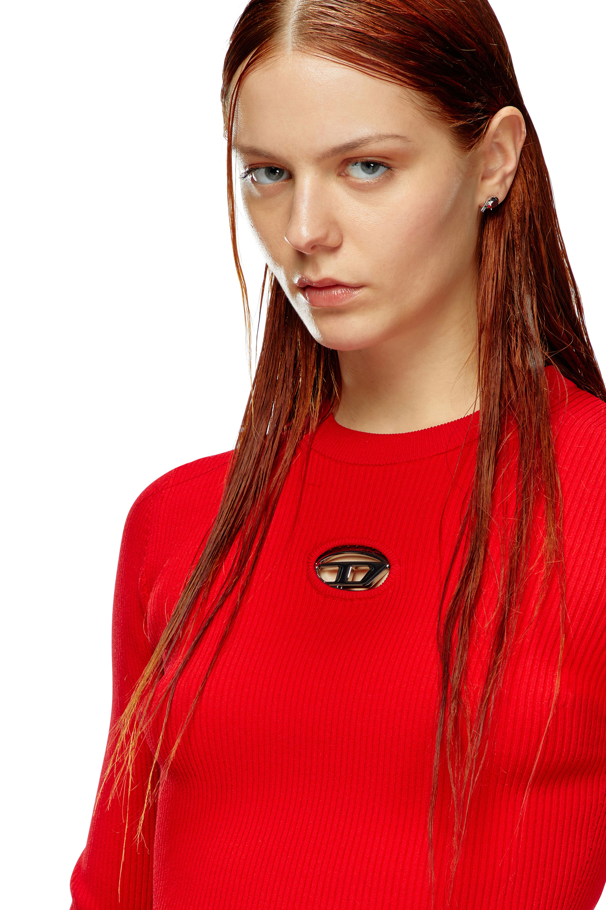 Diesel - M-VALARI, Top de mezcla de viscosa tejido en canalé con Oval D Mujer in Rojo - 4