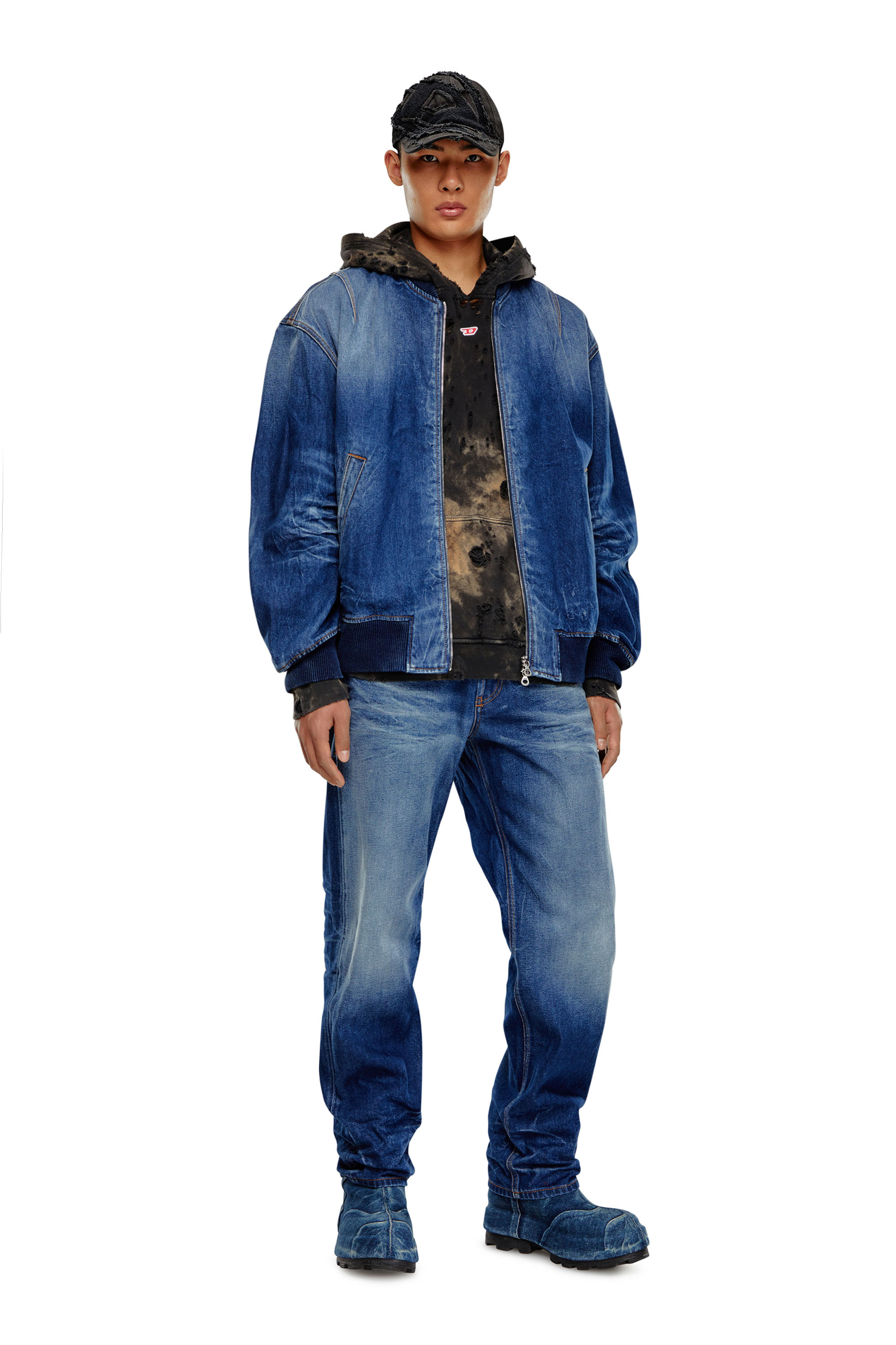 Diesel - D-VINZ-S, Man's Bomber jacket in dented denim in Dark Blue - 2