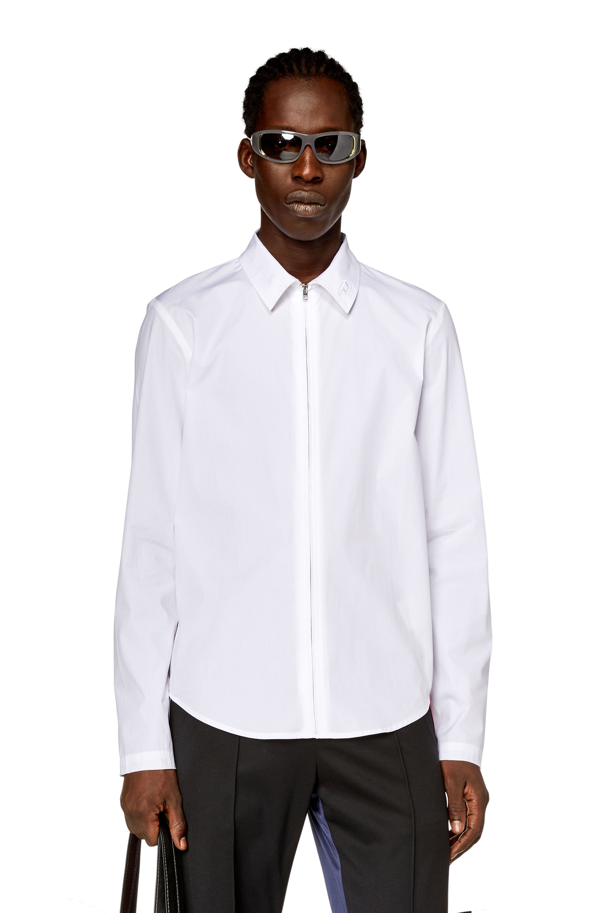 Diesel - S-STUCK, Man's Logo-embroidered zip shirt in White - 1