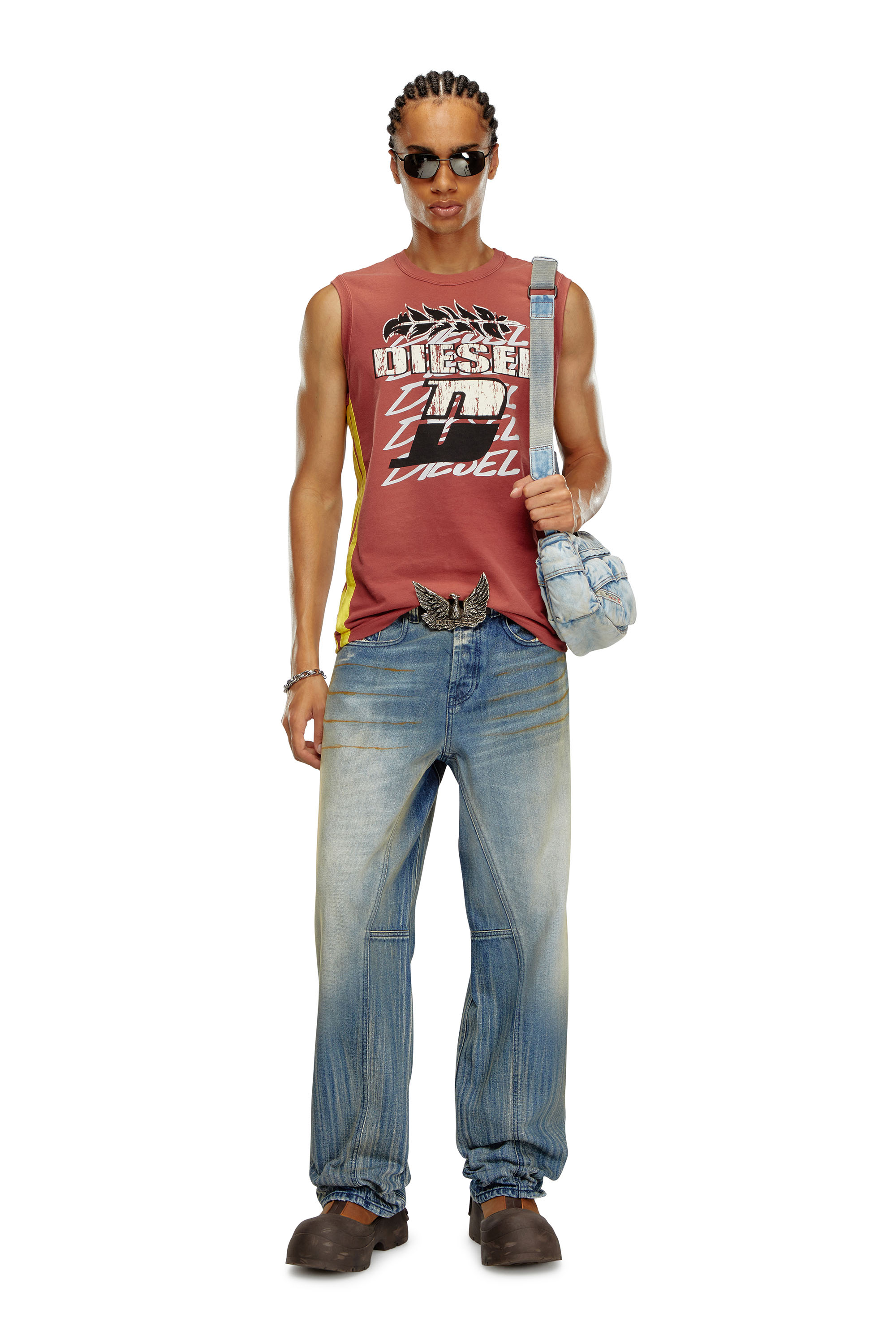 Diesel - T-BISCO-STRIPE, Man's Sun-faded tank top with side bands in Red - 4