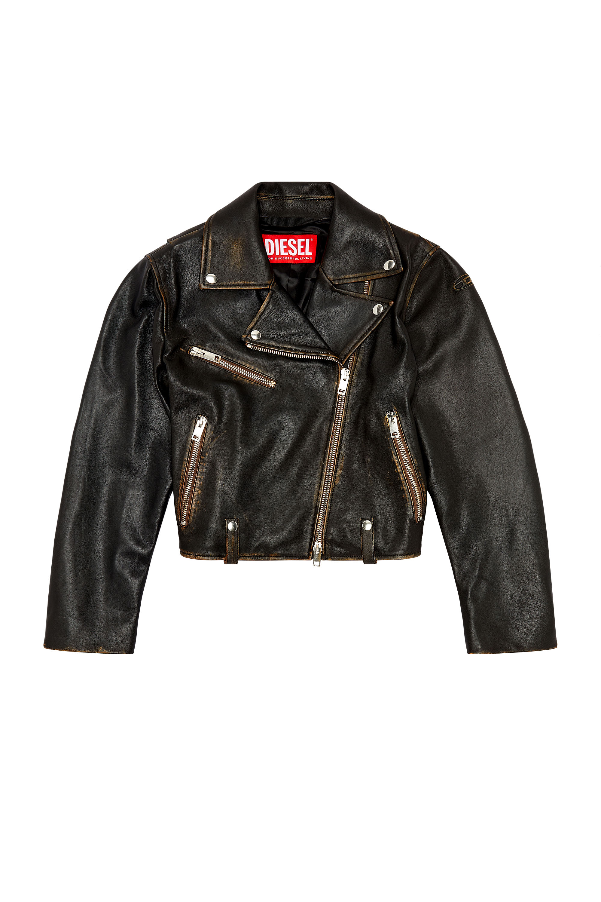 Diesel - L-EDME, Chaqueta biker de piel de acabado desgastado Mujer in Negro - 6