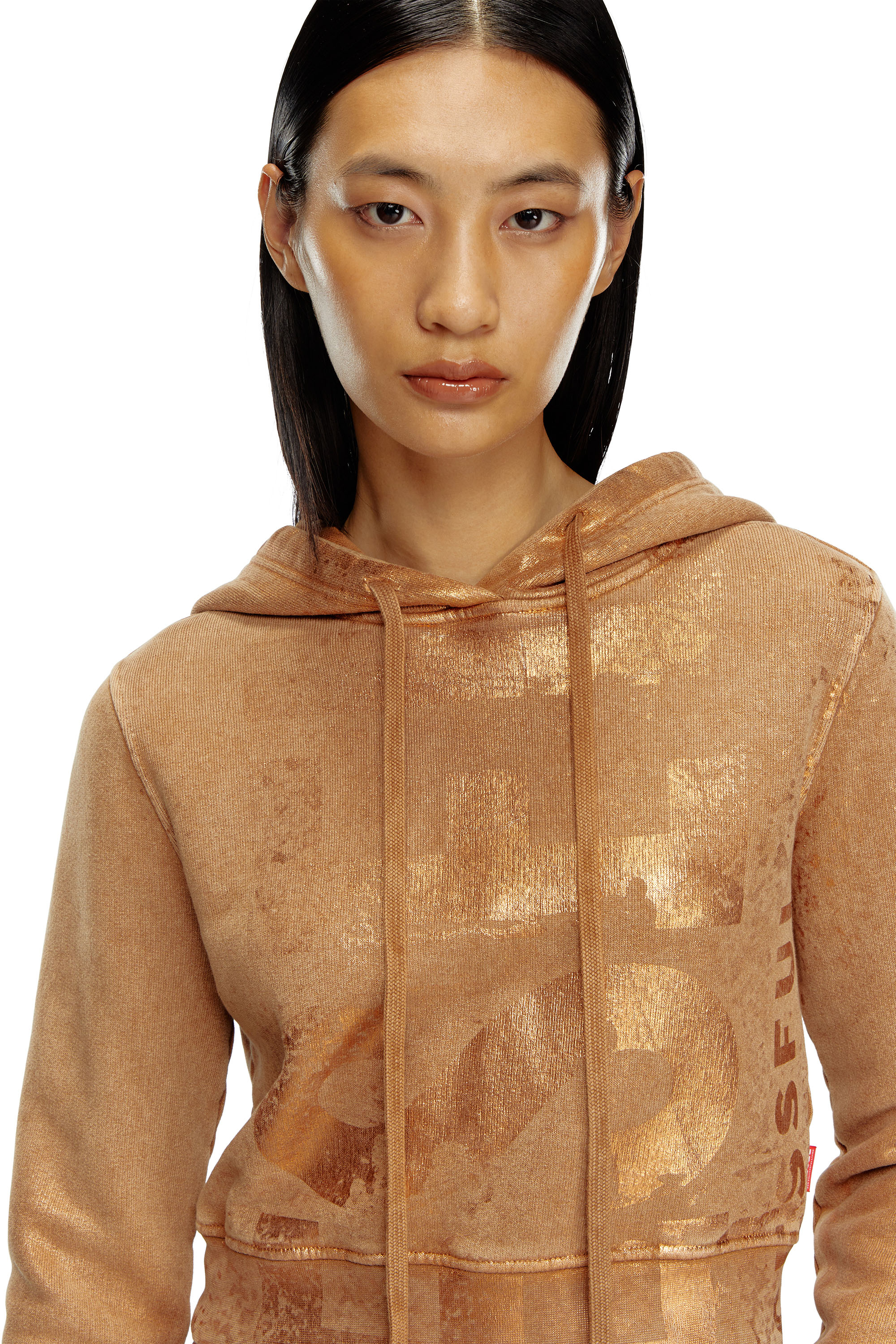 Diesel - F-SLIMMY-HOOD-P6, Woman's Cropped hoodie with metallic effects in Light Brown - 4