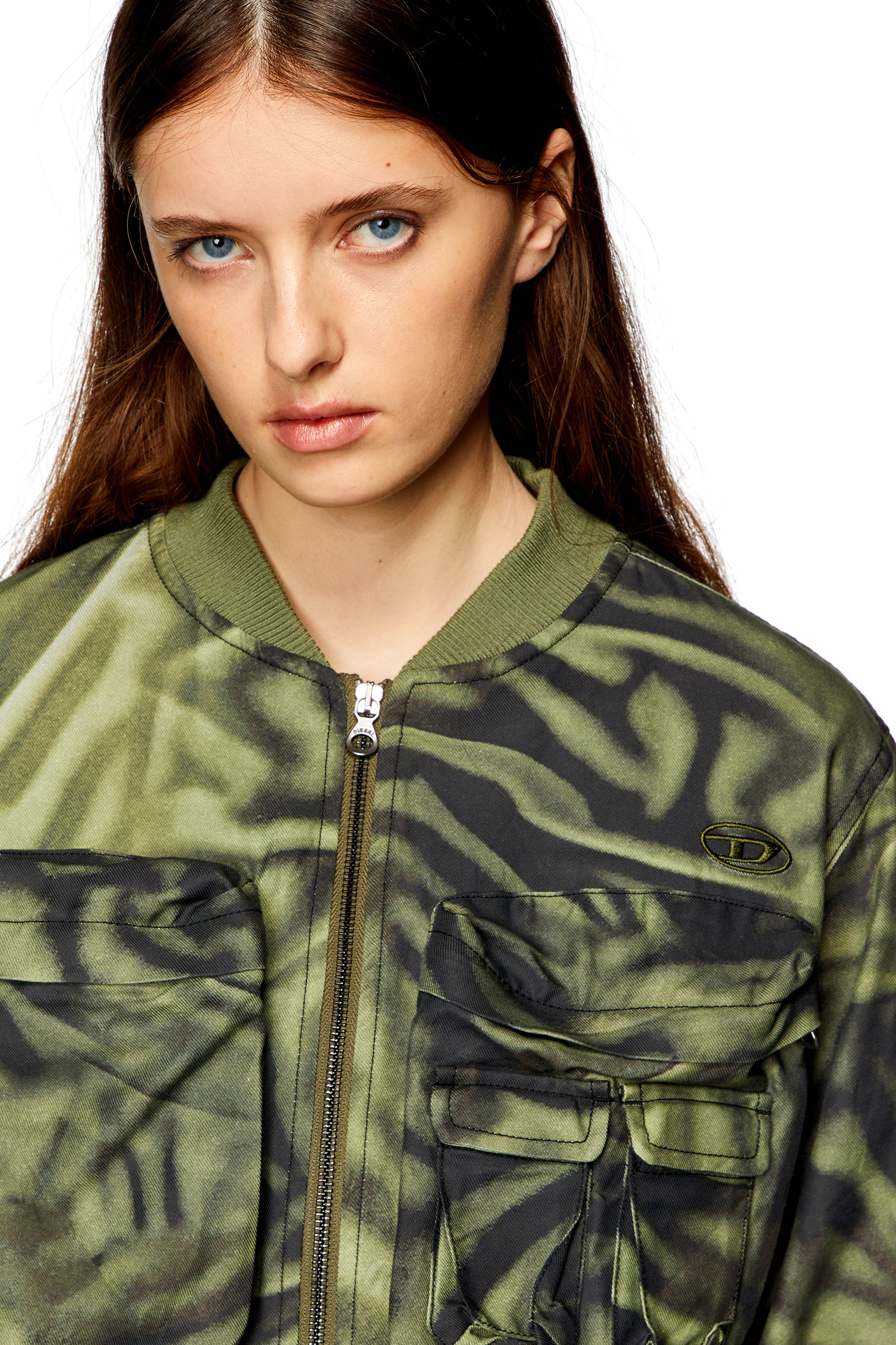 Diesel - G-KHLOW, Woman's Cargo bomber in zebra-camo twill in Black/Green - 4