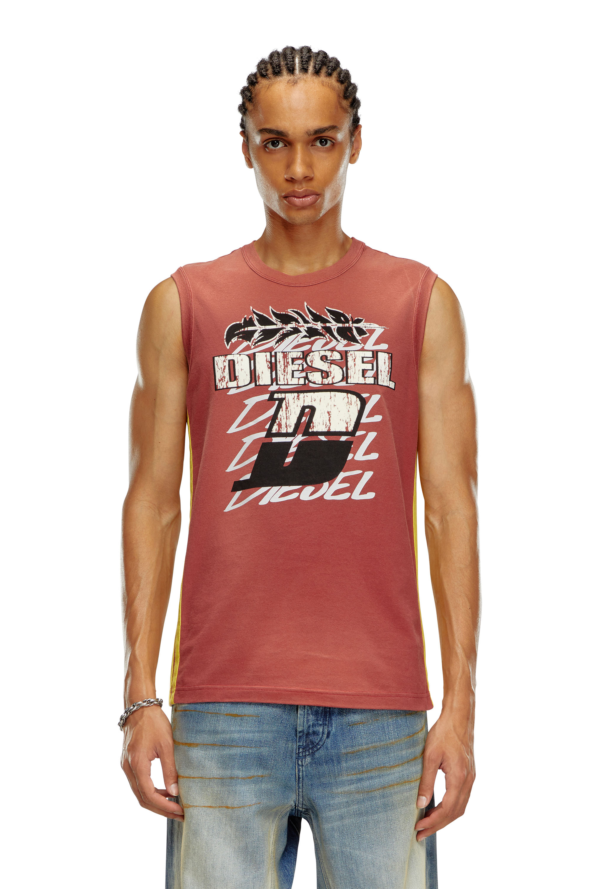 Diesel - T-BISCO-STRIPE, Camiseta sin mangas desteñida por el sol con bandas laterales Hombre in Rojo - 5