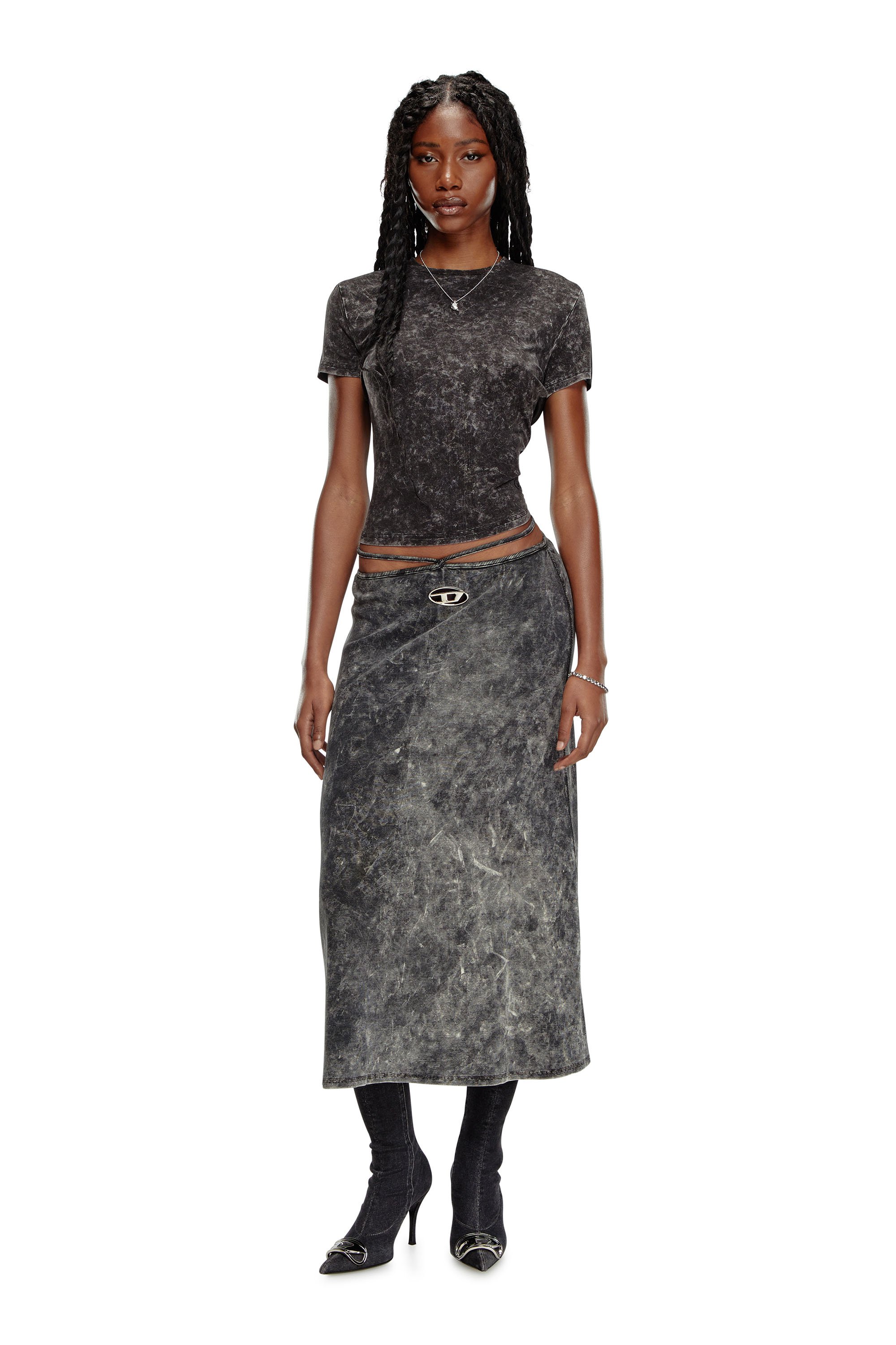 Diesel - O-ROSSI, Woman's Marbled midi skirt with wrap-around ties in Dark grey - 1