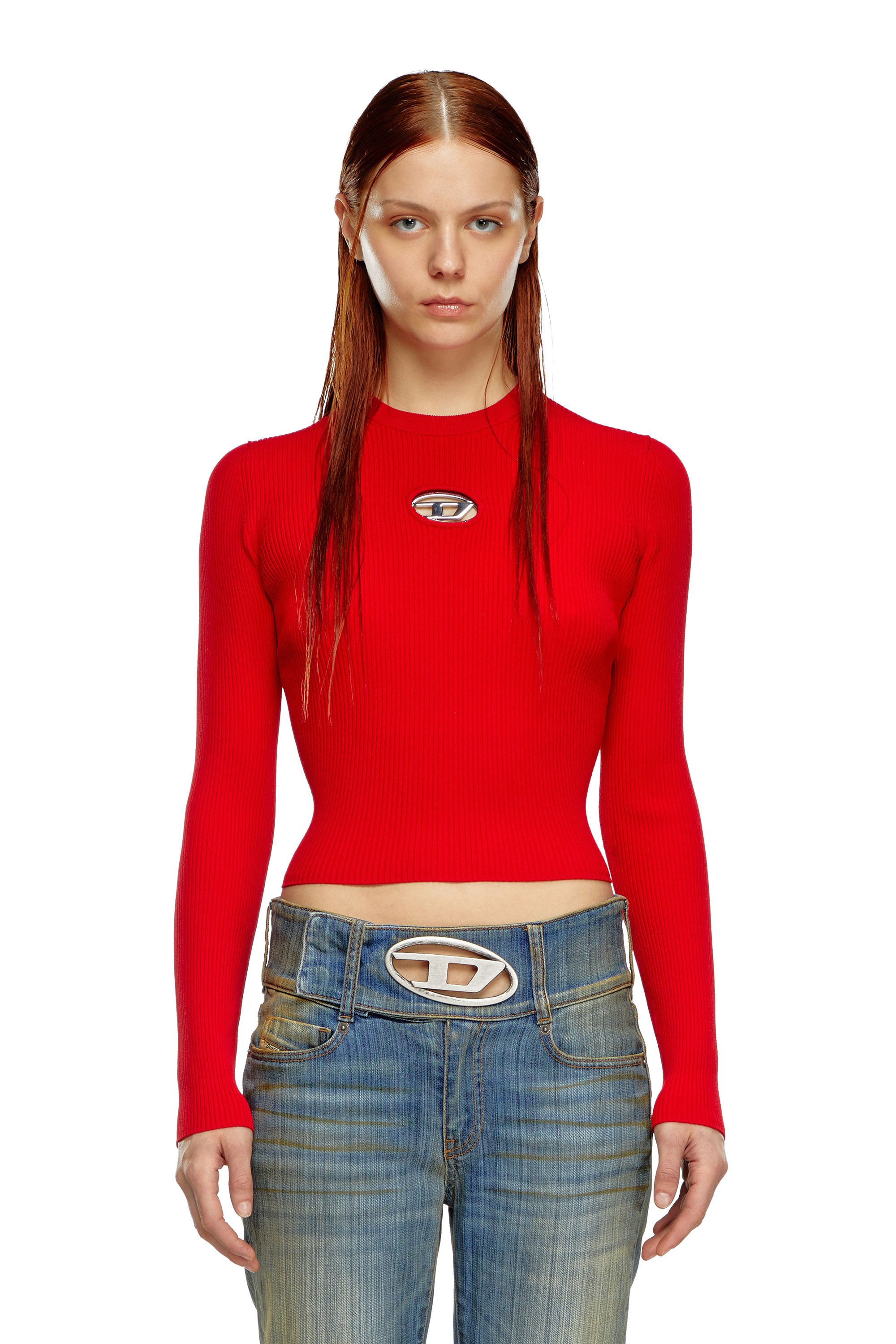 Diesel - M-VALARI, Top de mezcla de viscosa tejido en canalé con Oval D Mujer in Rojo - 1