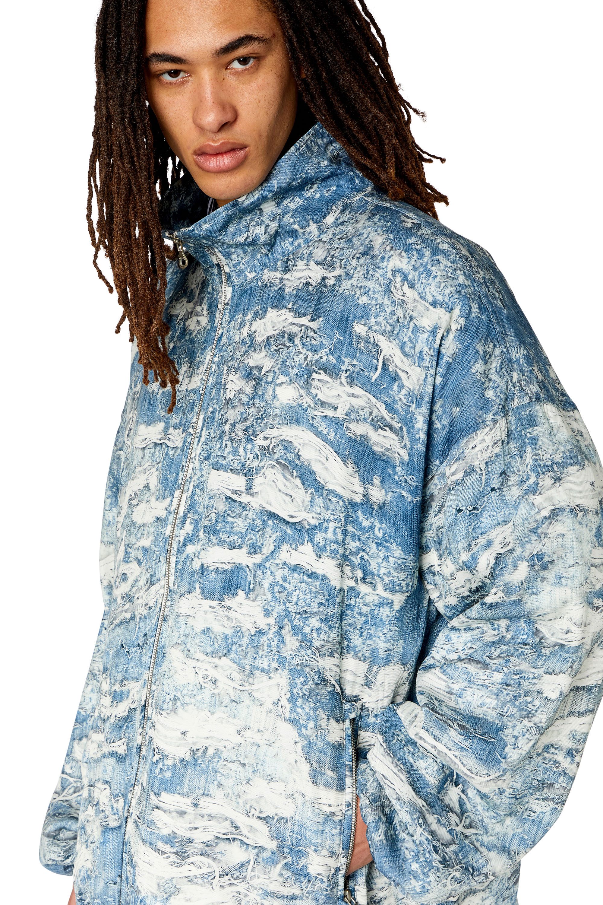 Diesel - J-ALSTON, Man's Windbreaker with Tiger Breaks denim print in Light Blue - 4