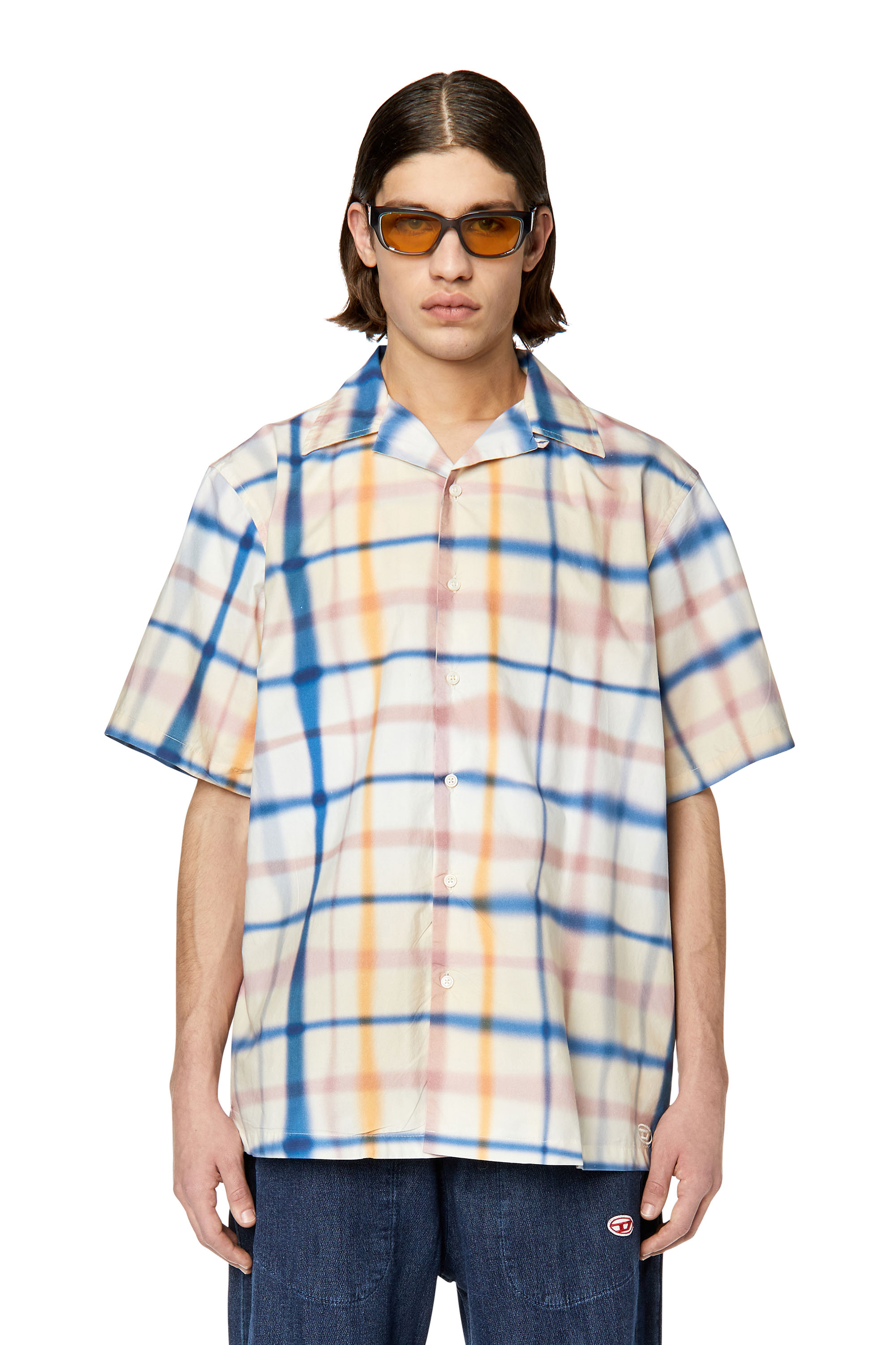 Diesel - S-FRANK-CHECK, Man's Uneven check short-sleeve shirt in Blue/White - 1