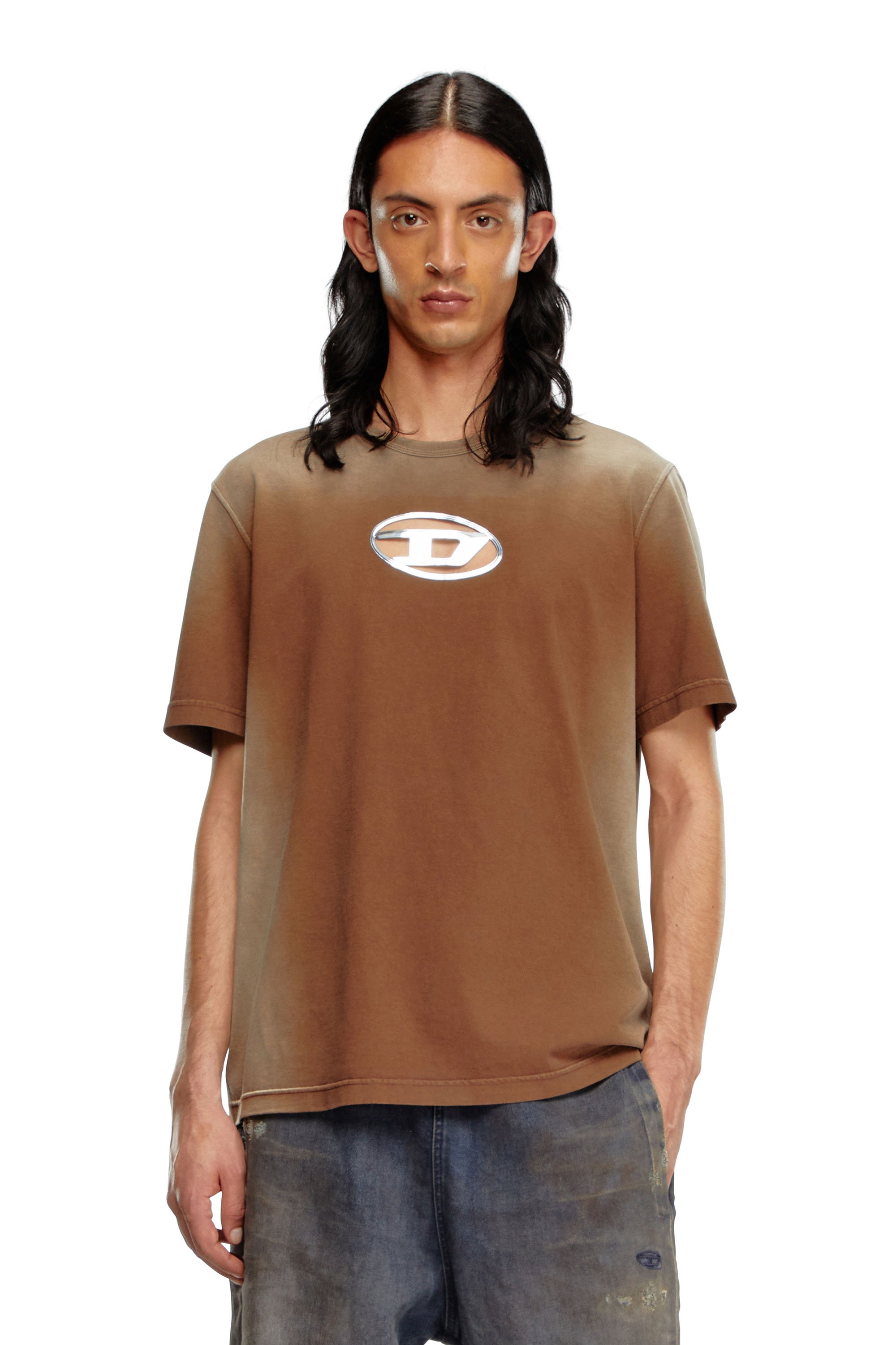 Diesel - T-ADJUST-Q8, Man's Faded T-shirt with cut-out Oval D logo in Brown - 1