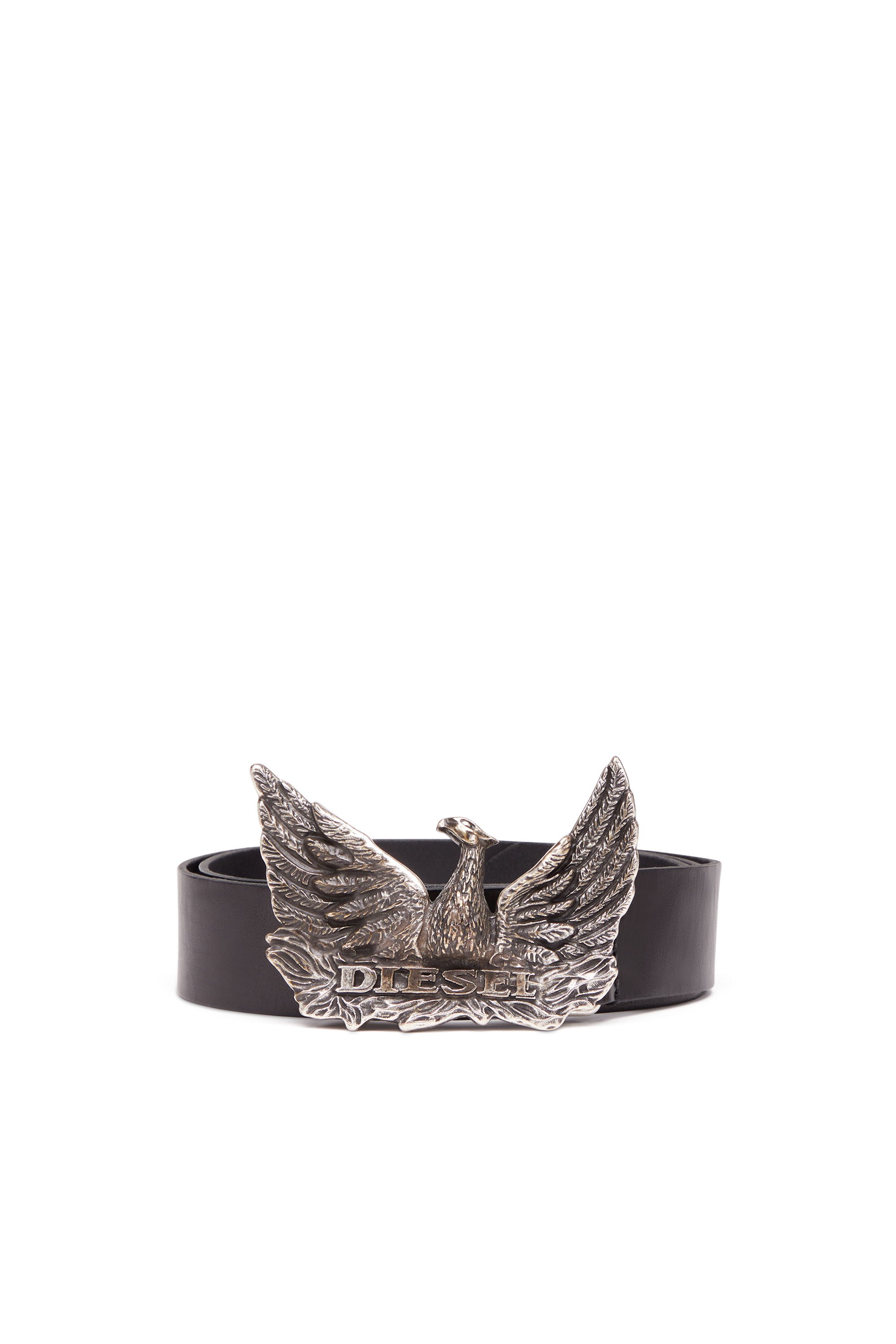 Diesel - PHOENIX BELT, Man's Leather belt with phoenix buckle in Black - 1