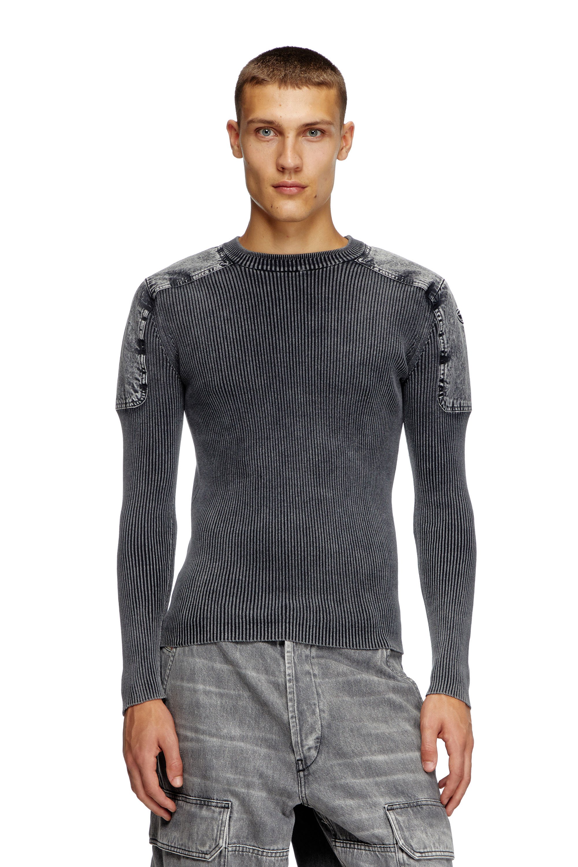 Diesel - K-MARTIN, Jersey con paneles de denim en los hombros Hombre in Gris - 1