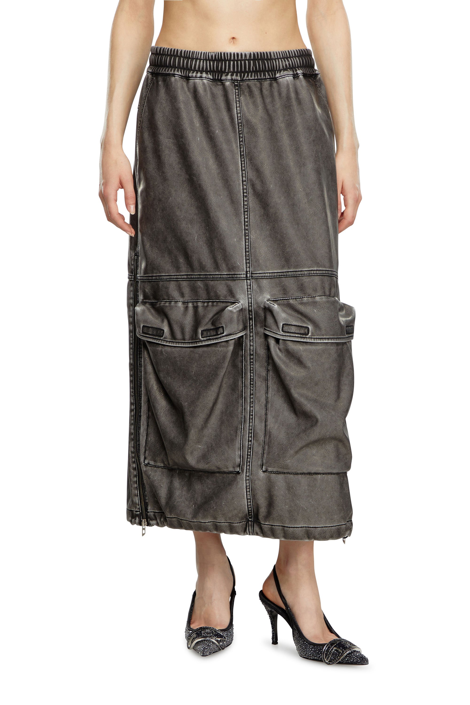 Diesel - O-DYSSEY-P1, Woman's Long skirt in washed tech fabric in Dark grey - 1