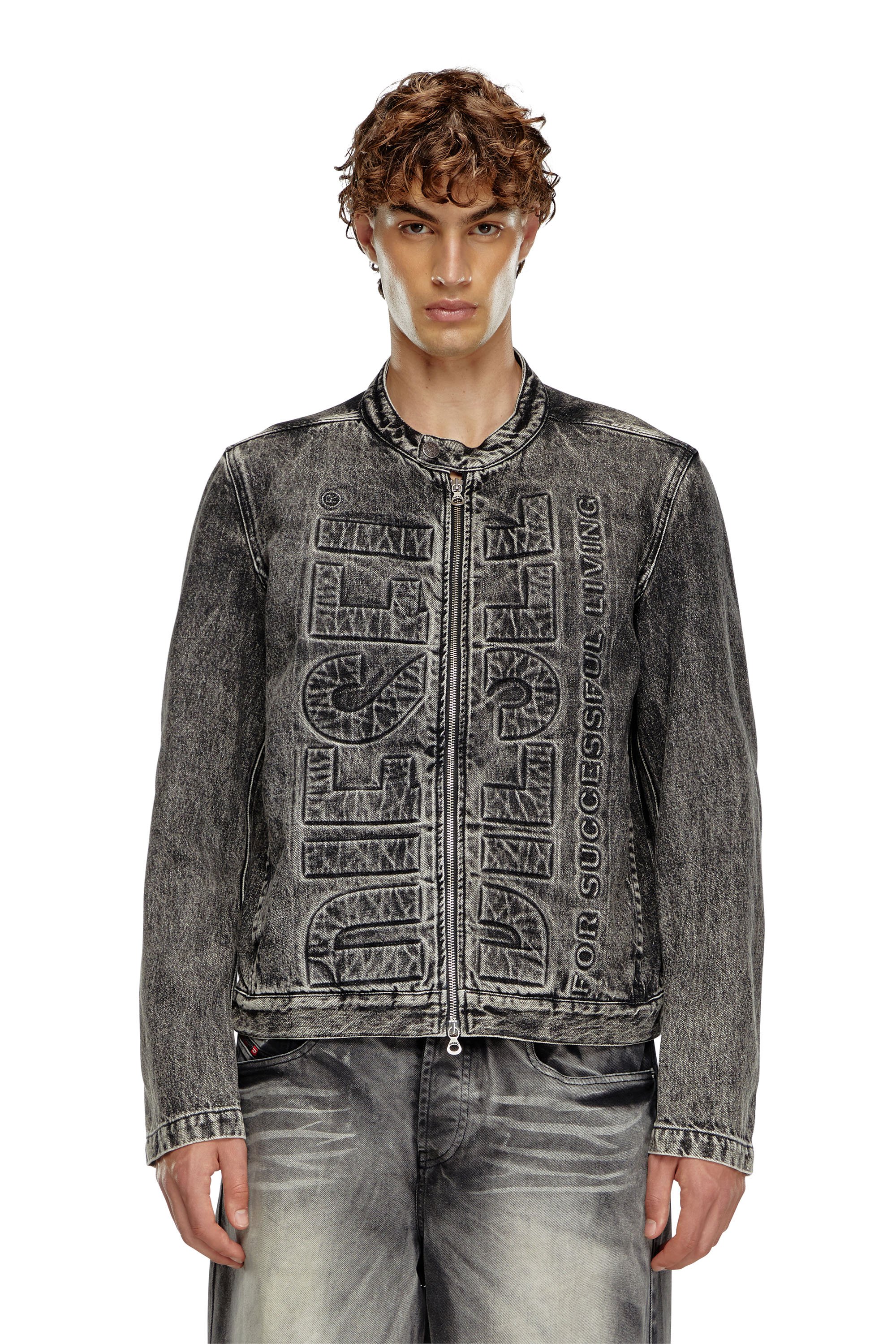 Diesel - D-GLORY-S1, Man's Denim moto jacket with embossed logo in Black - 1