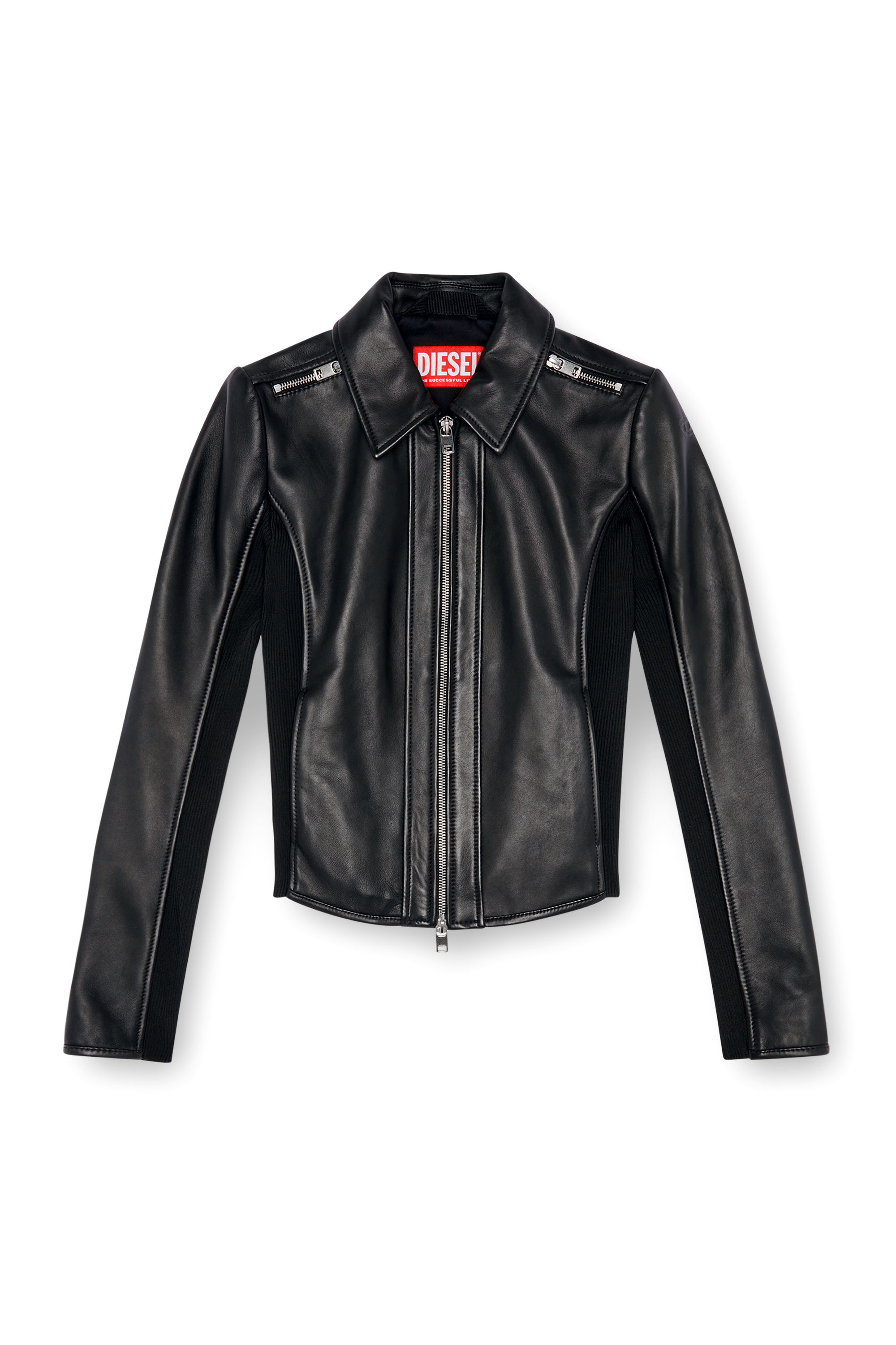 Diesel - L-SASK, Cazadora biker de piel con paneles de canalé Mujer in Negro - 5