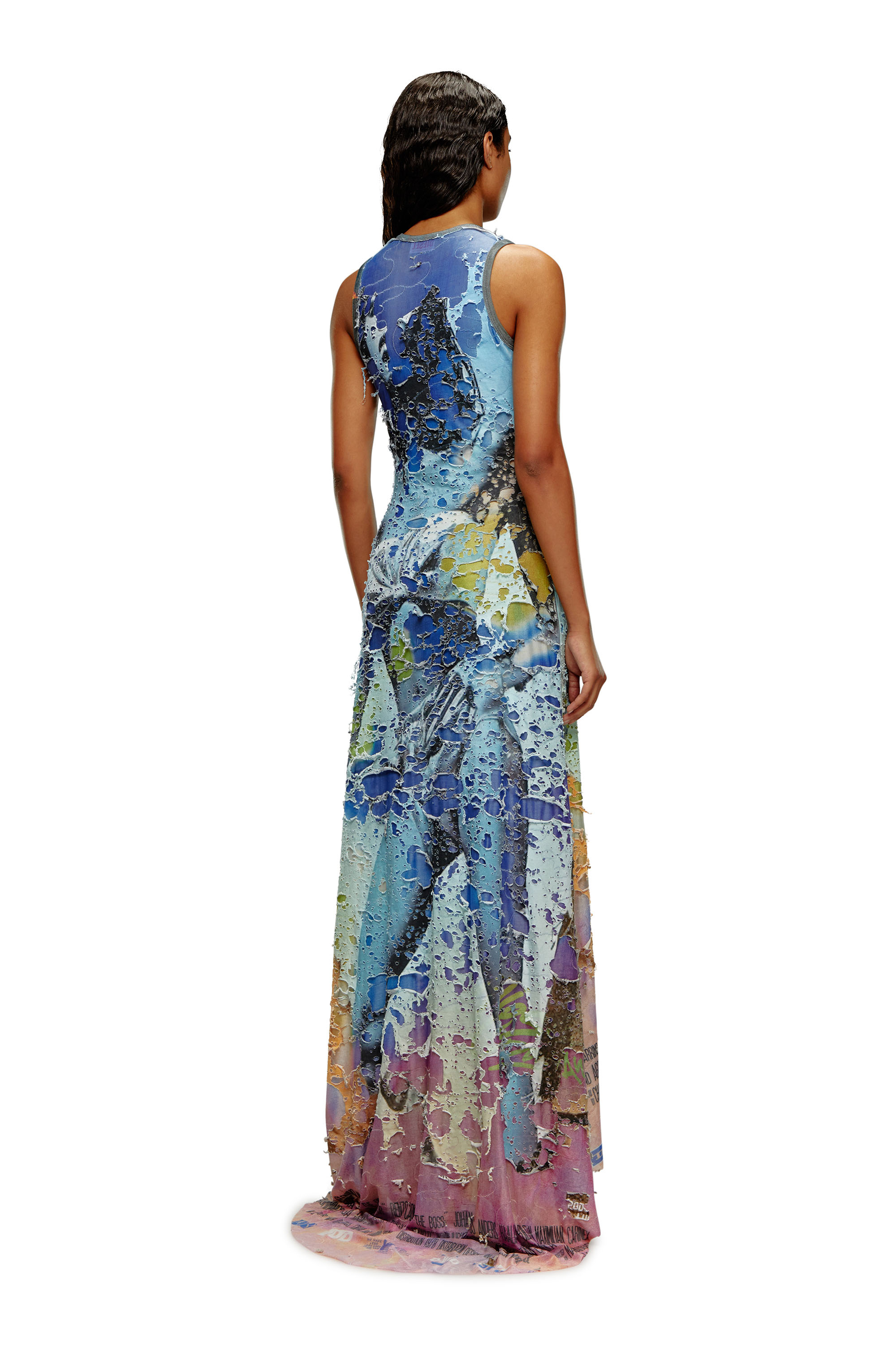 Diesel - D-LEELE, Woman's Destroyed jersey gown with poster print in Pink/Blue - 2