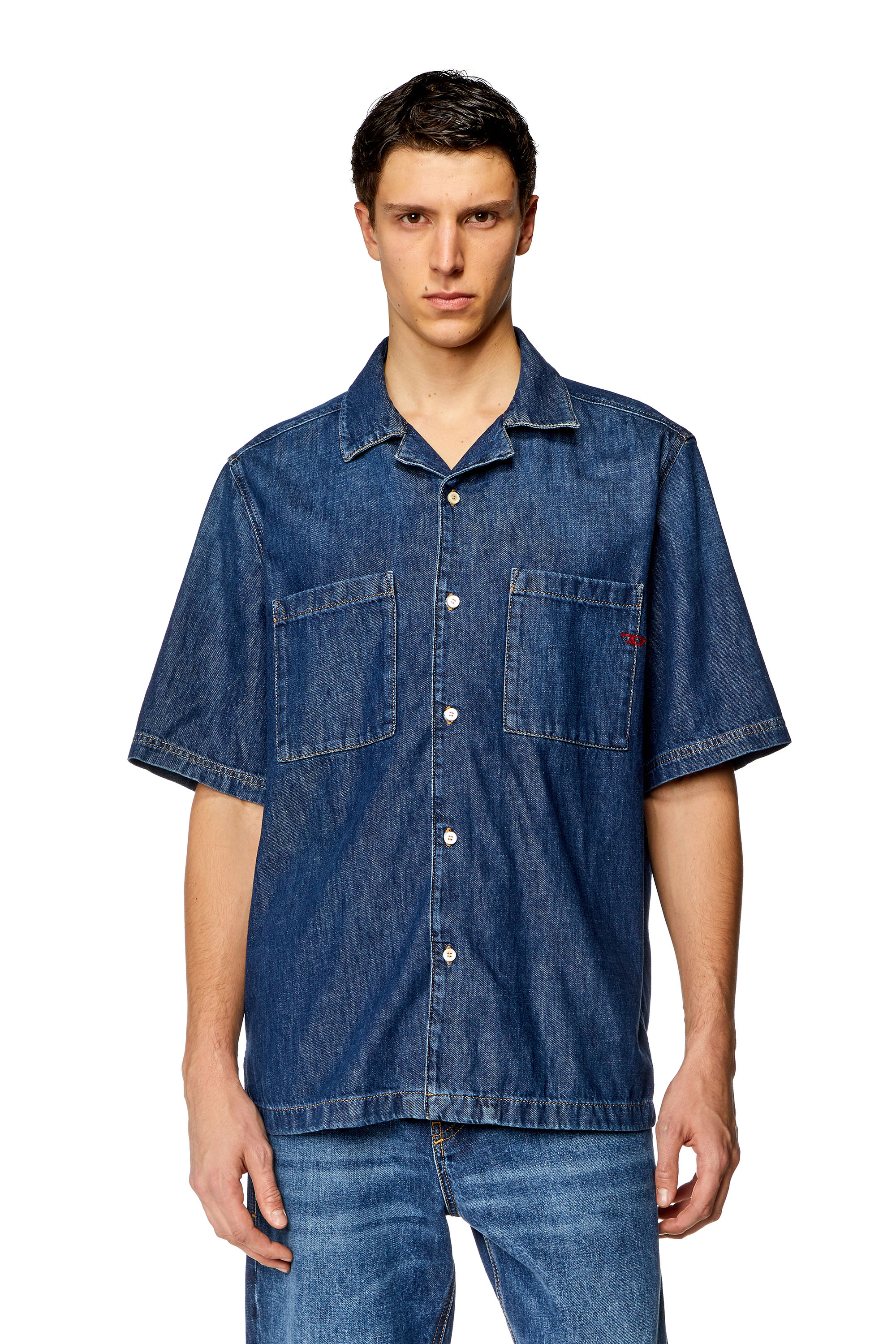 Diesel - D-PAROSHORT, Man's Bowling shirt in denim in Dark Blue - 3