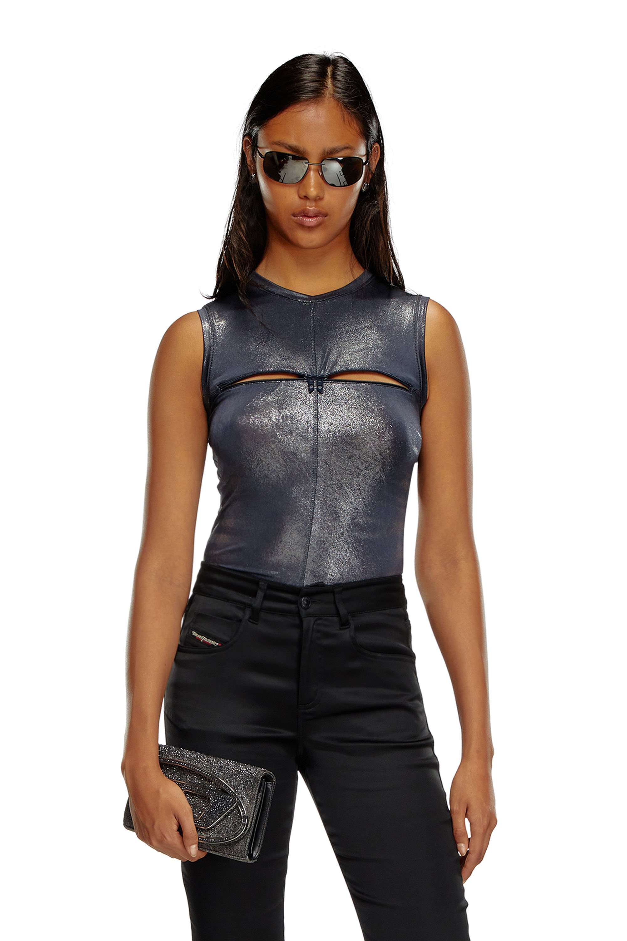 Diesel - T-VEZZY, Woman's Metallic tank top with chest slit in Blue - 1