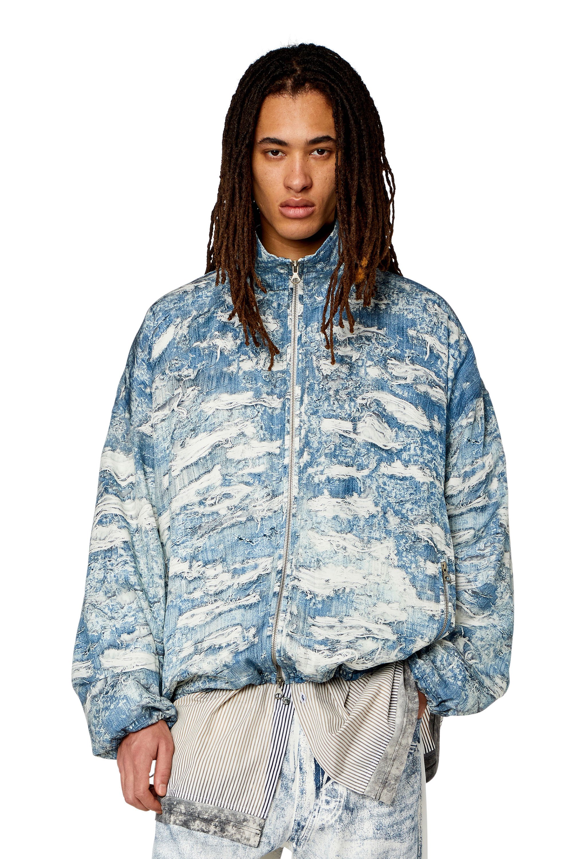 Diesel - J-ALSTON, Man's Windbreaker with Tiger Breaks denim print in Light Blue - 1