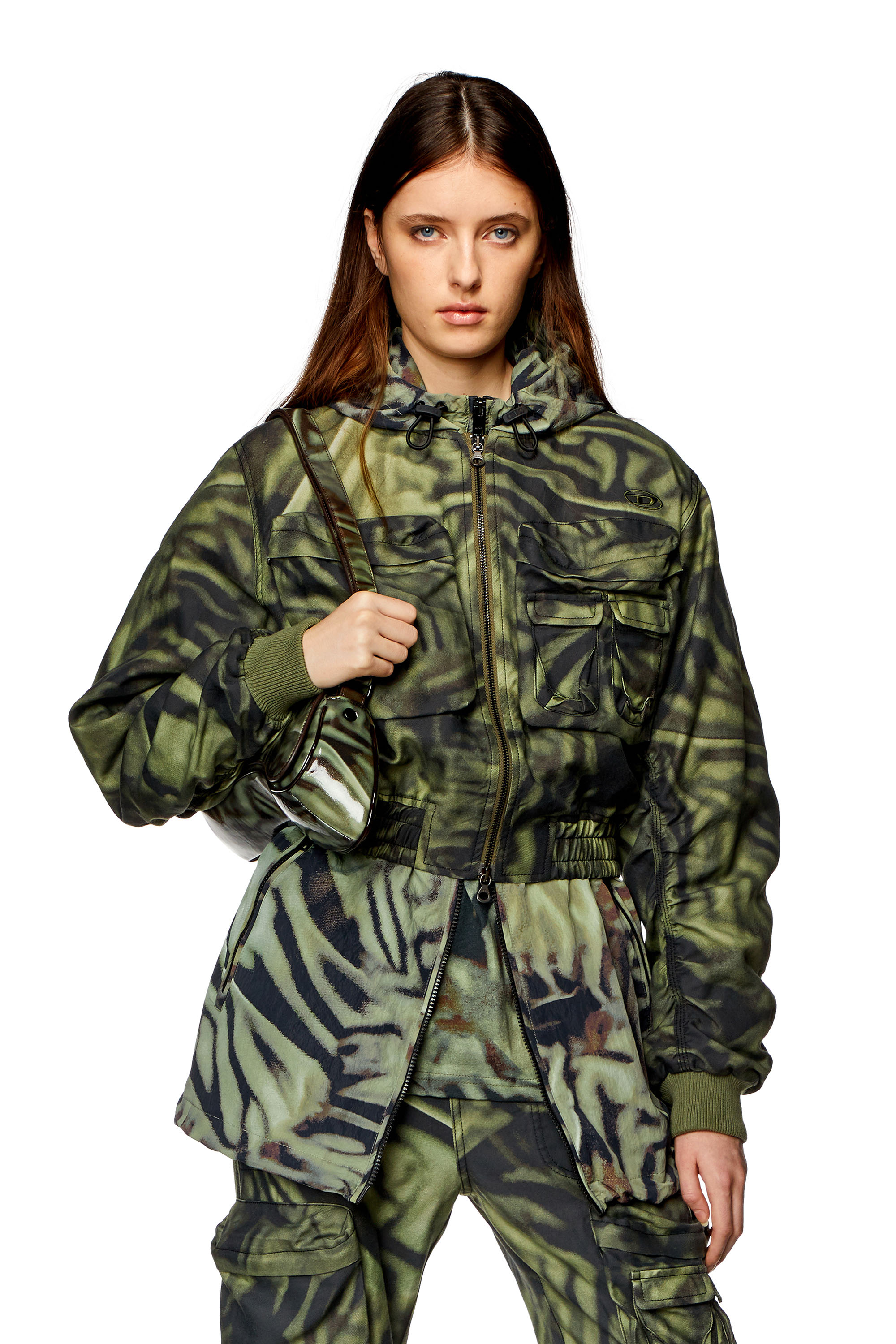 Diesel - G-KHLOW, Woman's Cargo bomber in zebra-camo twill in Black/Green - 1