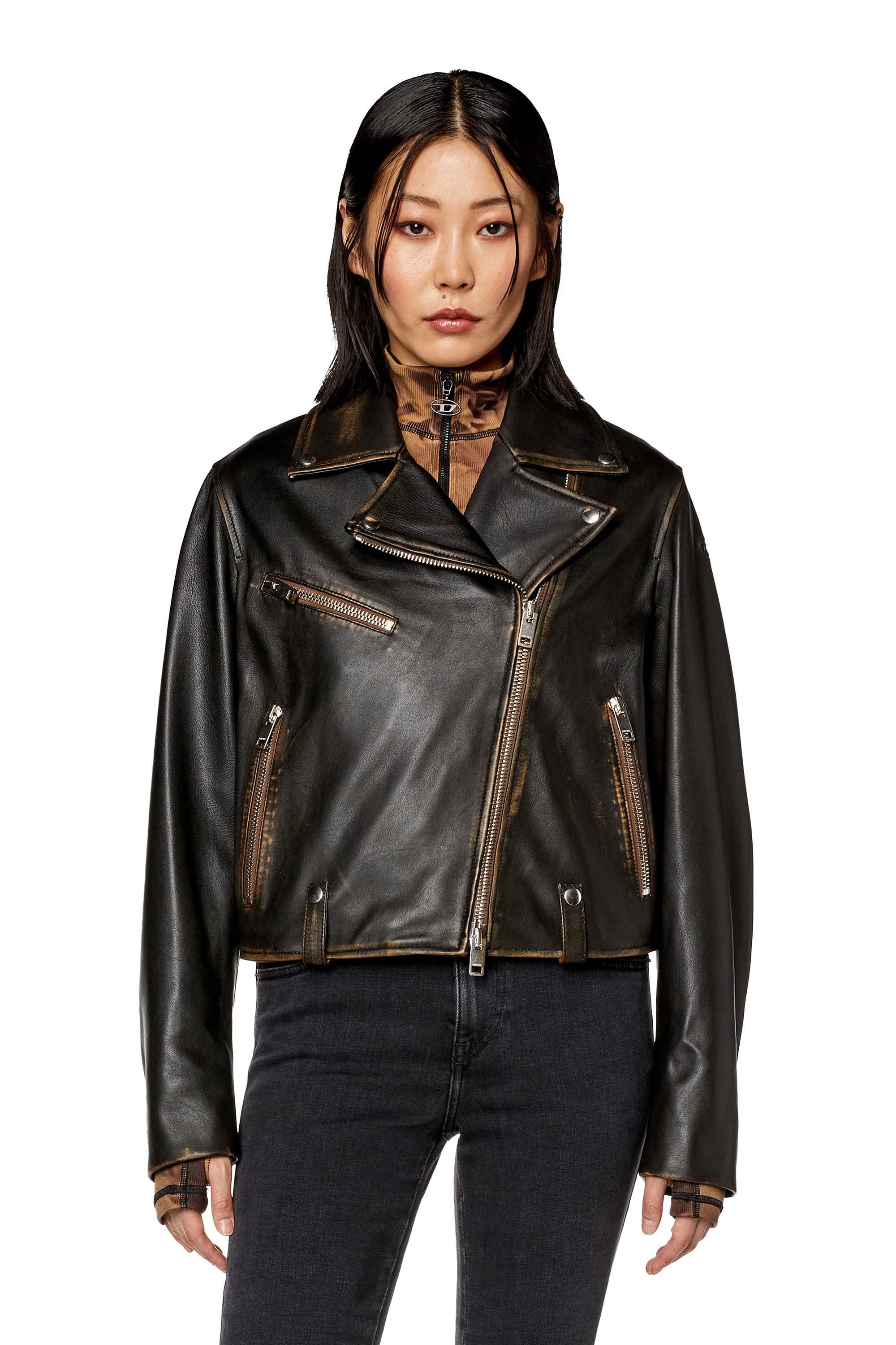 Diesel - L-EDME, Woman's Biker jacket in tumbled leather in Black - 4