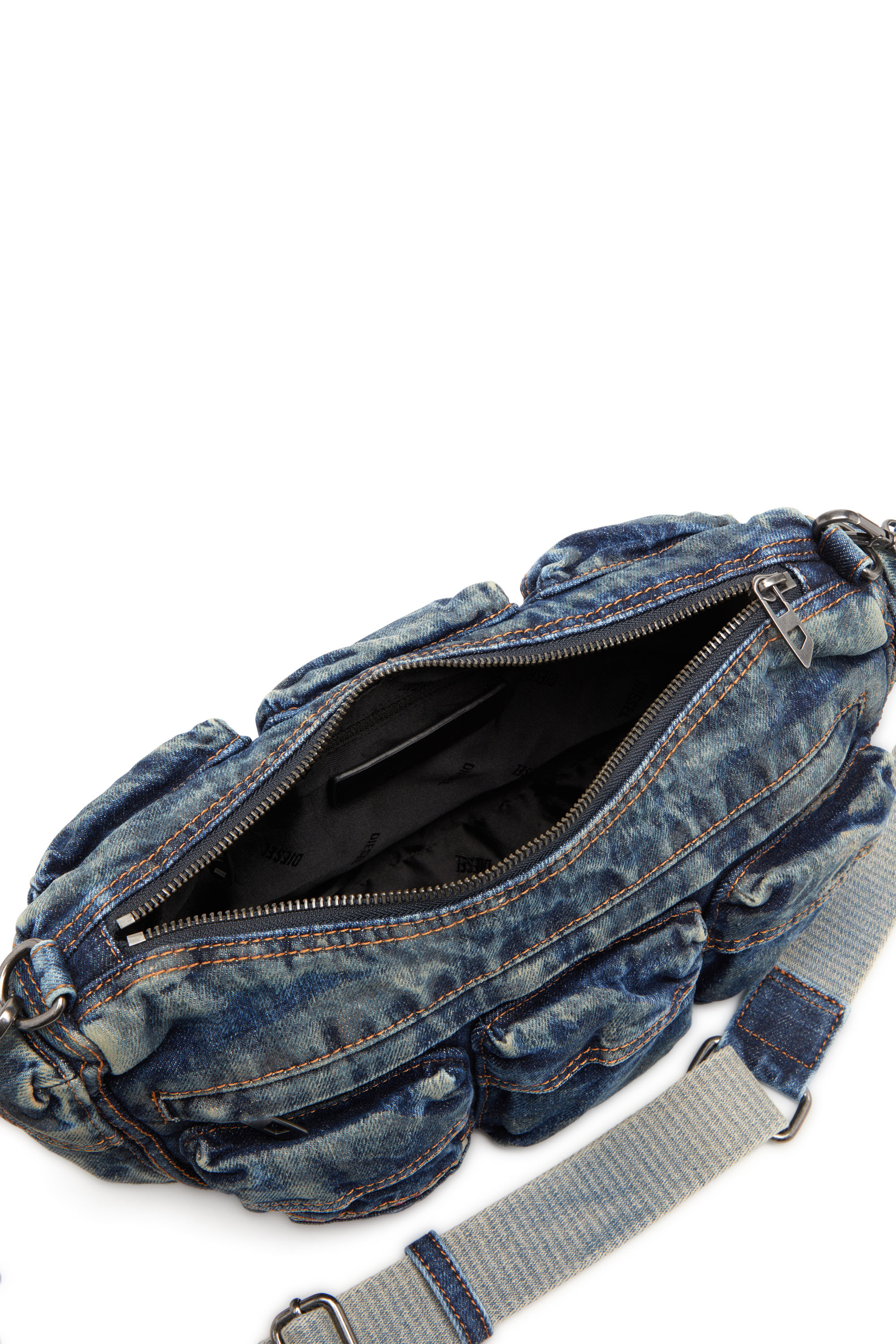 Diesel - RE-EDITION TRAVEL 3000 SHOULDER BAG X, Unisex's Travel 3000-Multipocket bag in treated denim in Blue - 4