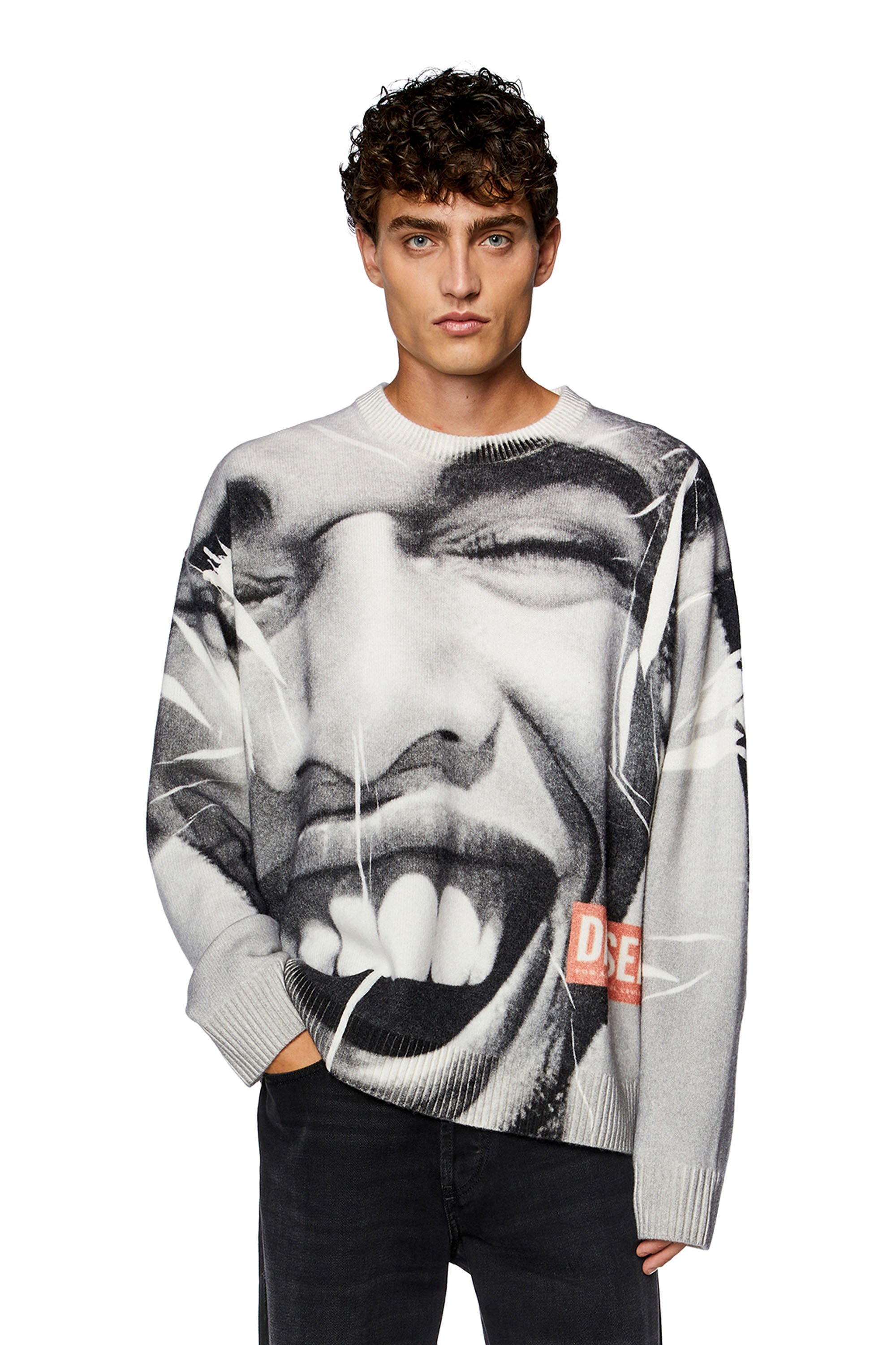 Diesel - K-VICTORY, Man's Jumper with all-over smile print in Grey/White - 1