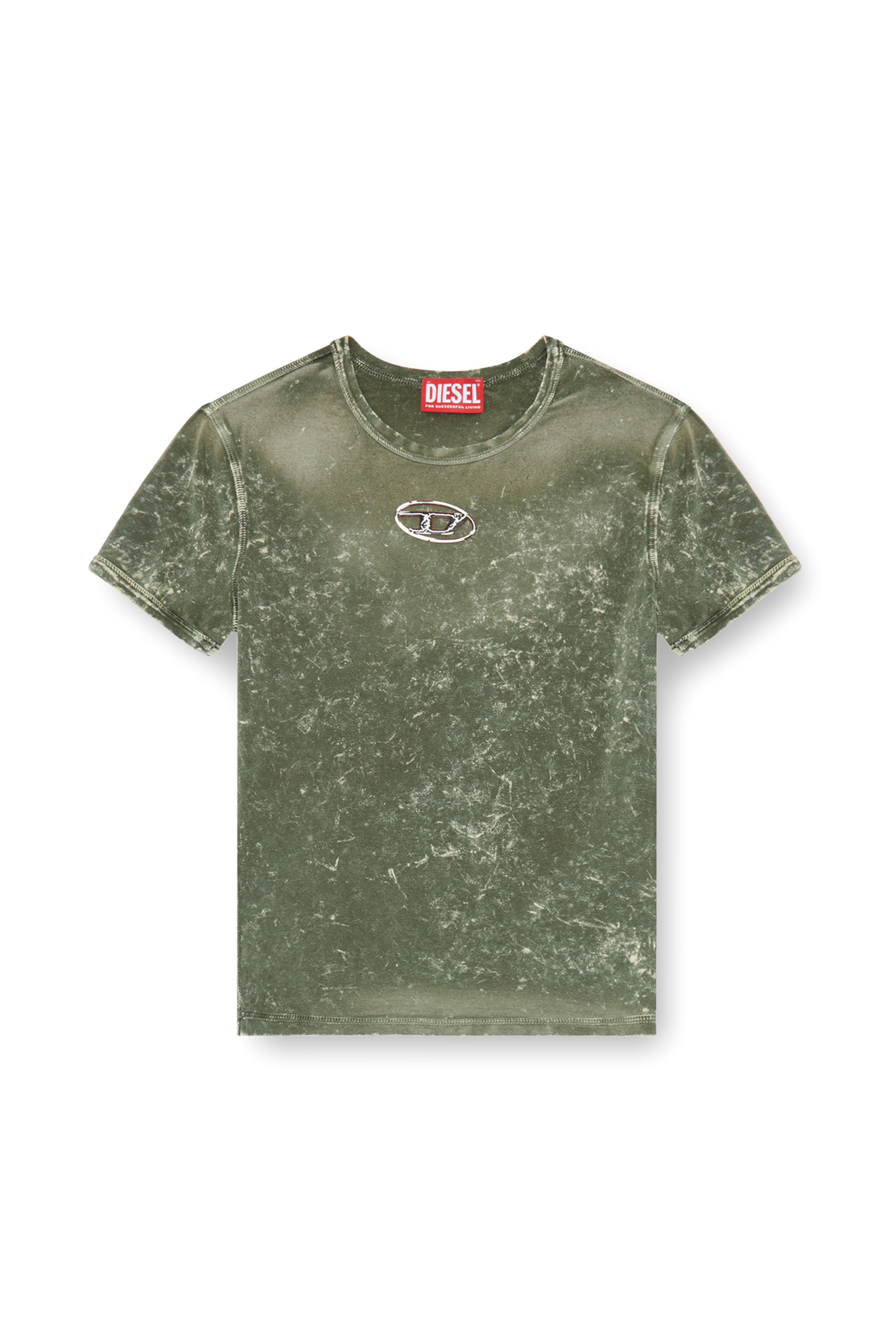 Diesel - T-UNCUTIES-P1, Woman's Marble-effect T-shirt in stretch jersey in Olive Green - 4