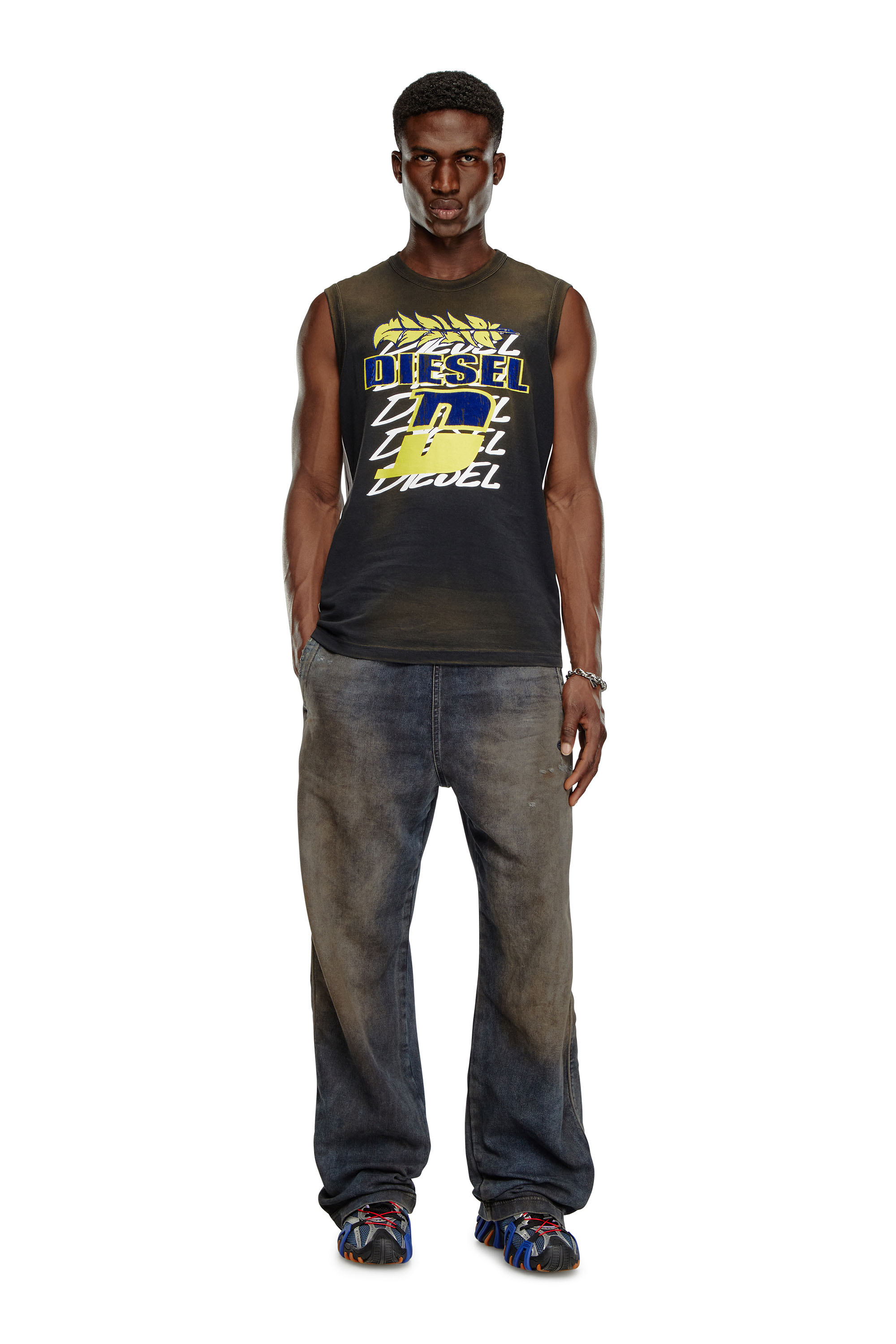 Diesel - T-BISCO-STRIPE, Man's Sun-faded tank top with side bands in Black - 3