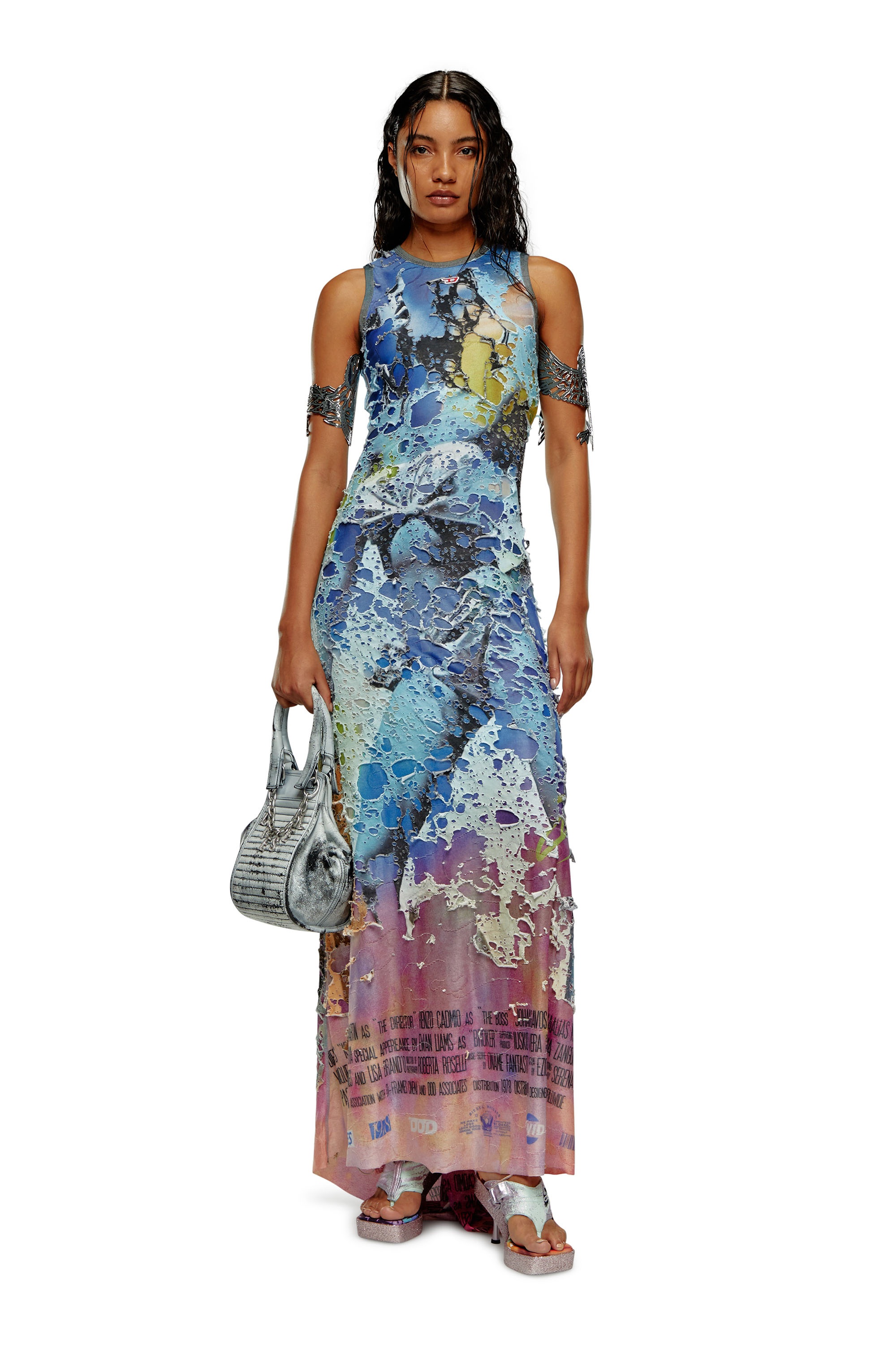 Diesel - D-LEELE, Woman's Destroyed jersey gown with poster print in Pink/Blue - 1