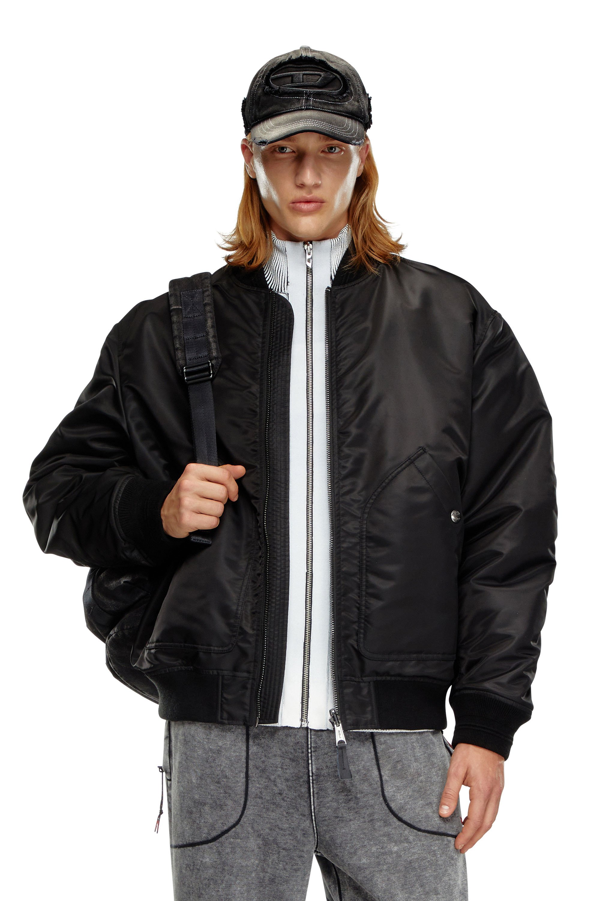 Diesel - J-HELD, Man's Bomber in padded nylon with Oval D in Black - 1