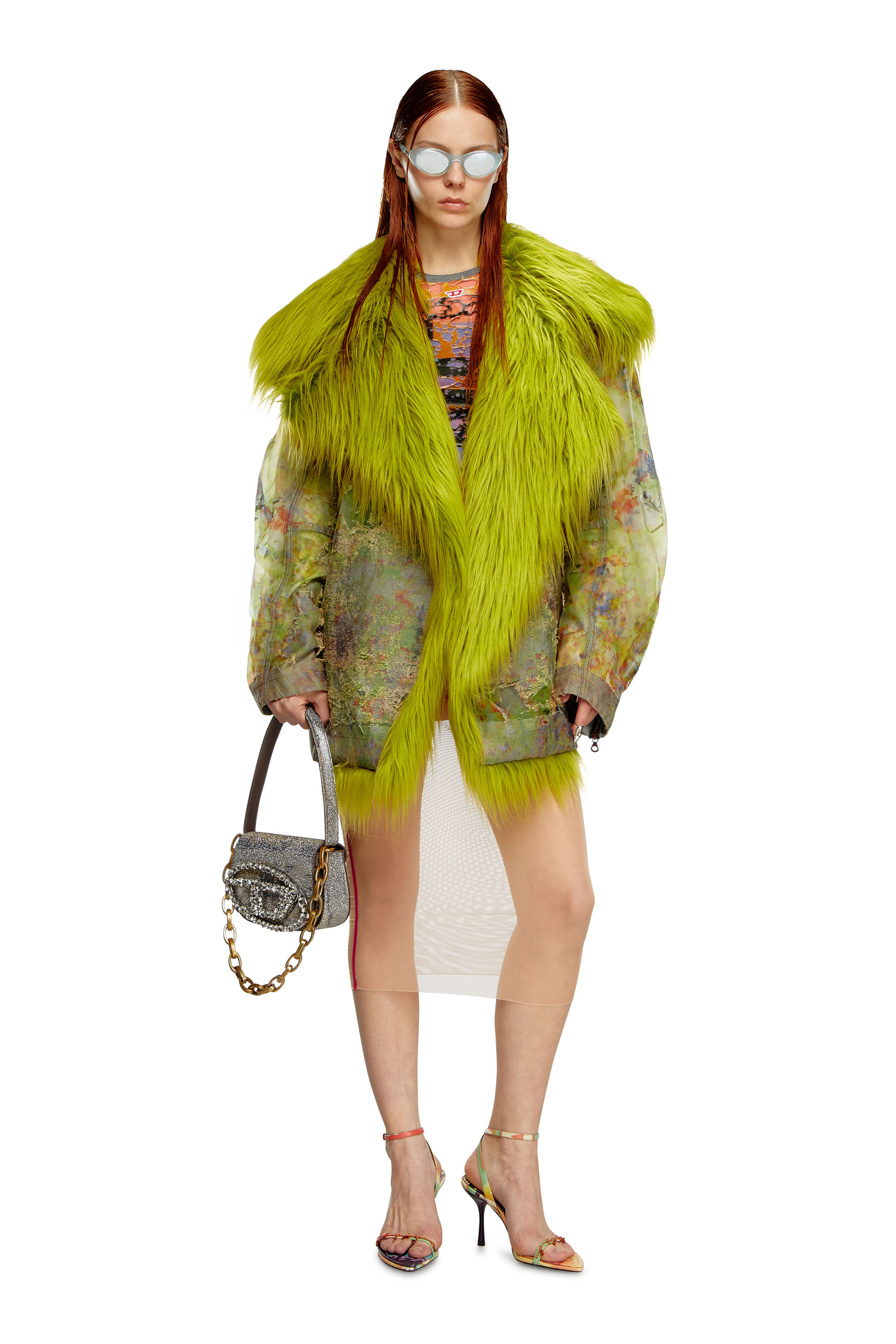 Diesel - DE-BIKA-FSE, Woman's Printed devoré jacket with shaggy collar in Green - 2