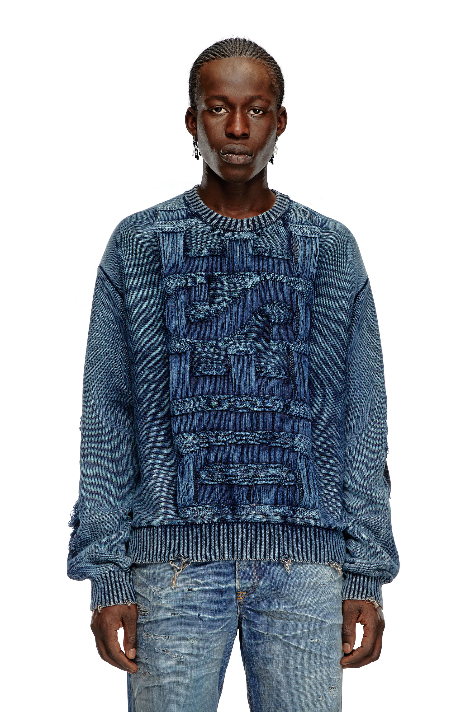 Diesel - K-ROTTISSIMO, Man's Destroyed jumper with floating yarn logo in Blue - 5