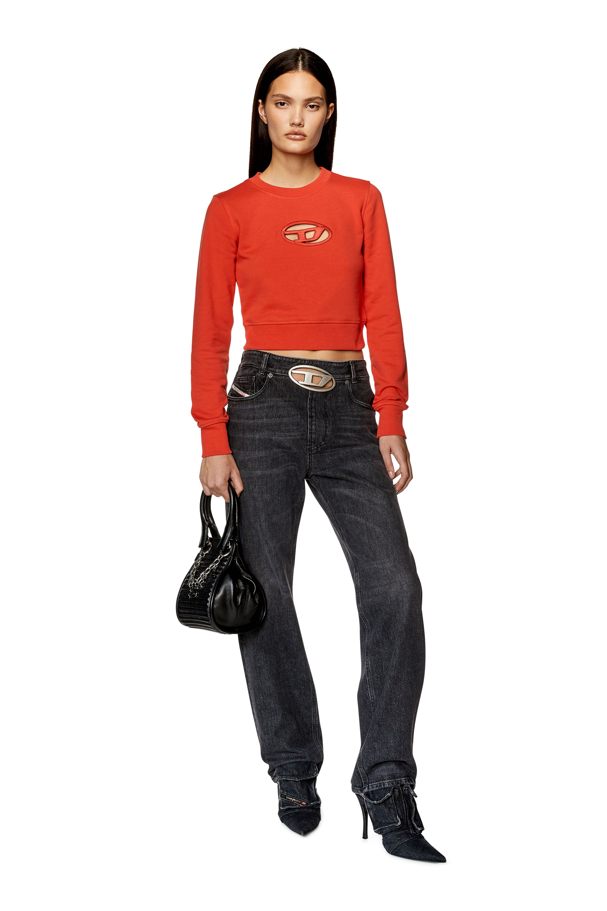 Diesel - F-SLIMMY-OD, Woman's Cropped sweatshirt with cut-out logo in Red - 3