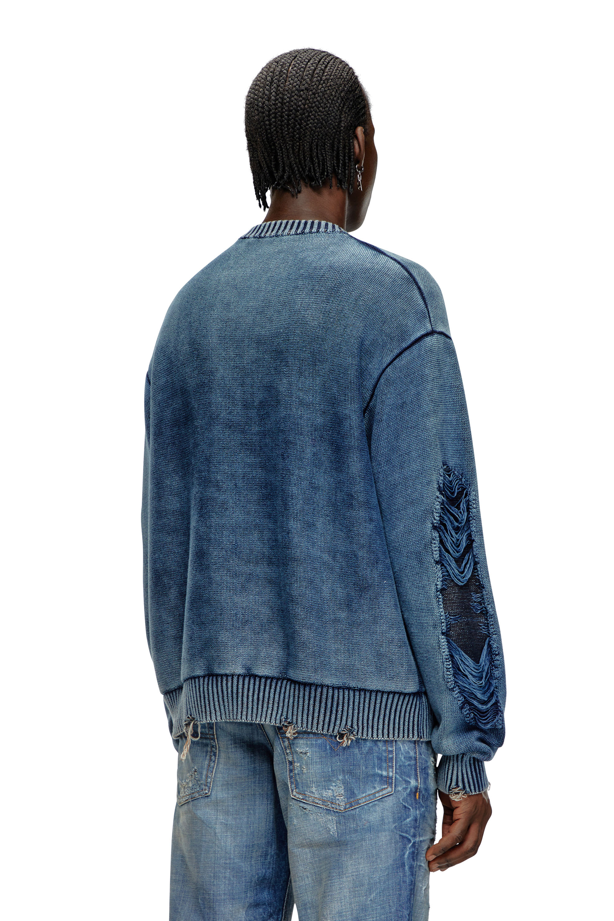 Diesel - K-ROTTISSIMO, Man's Destroyed jumper with floating yarn logo in Blue - 3