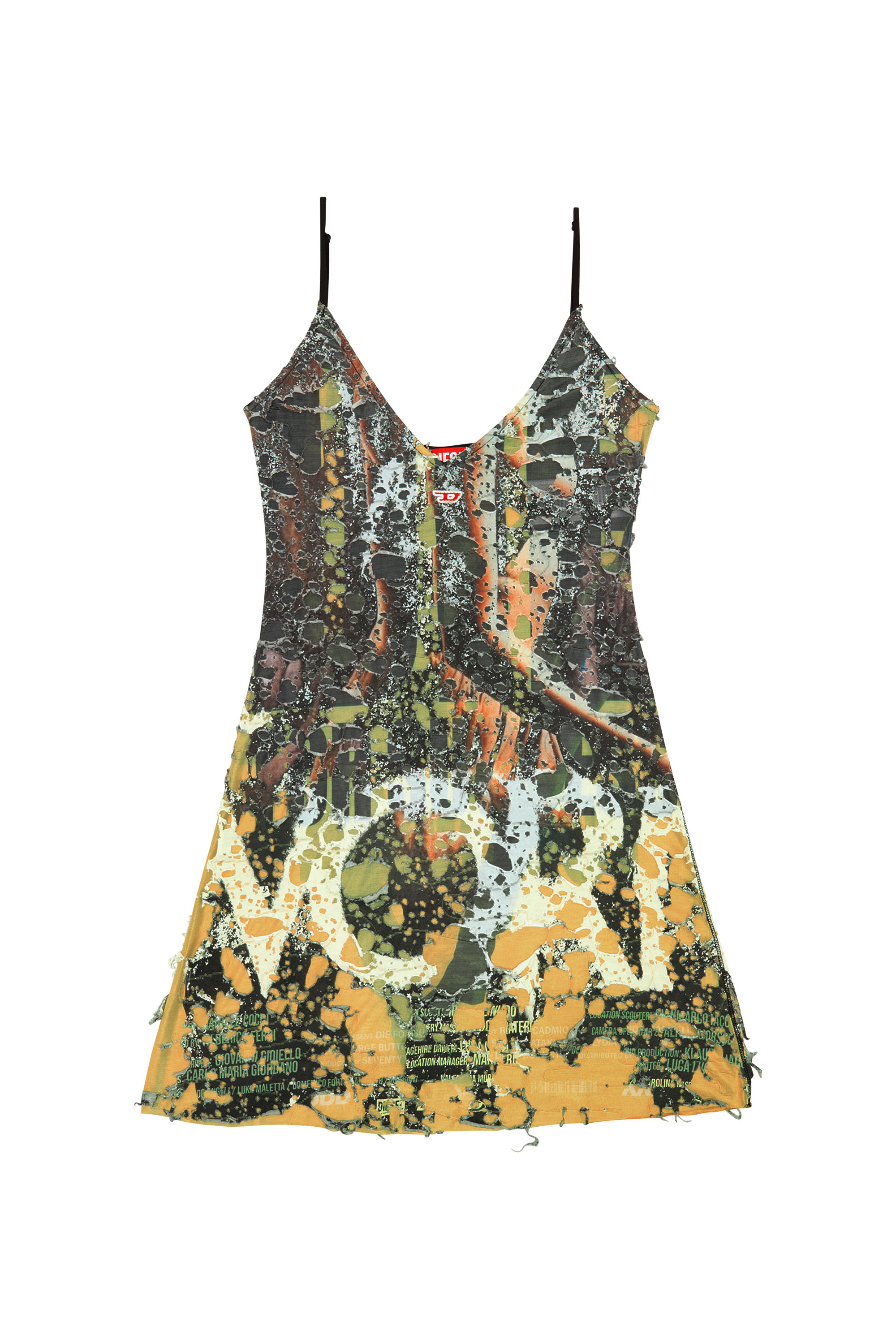 Diesel - D-JENA-DEV, Woman's Short destroyed dress with poster print in Yellow/Black - 5