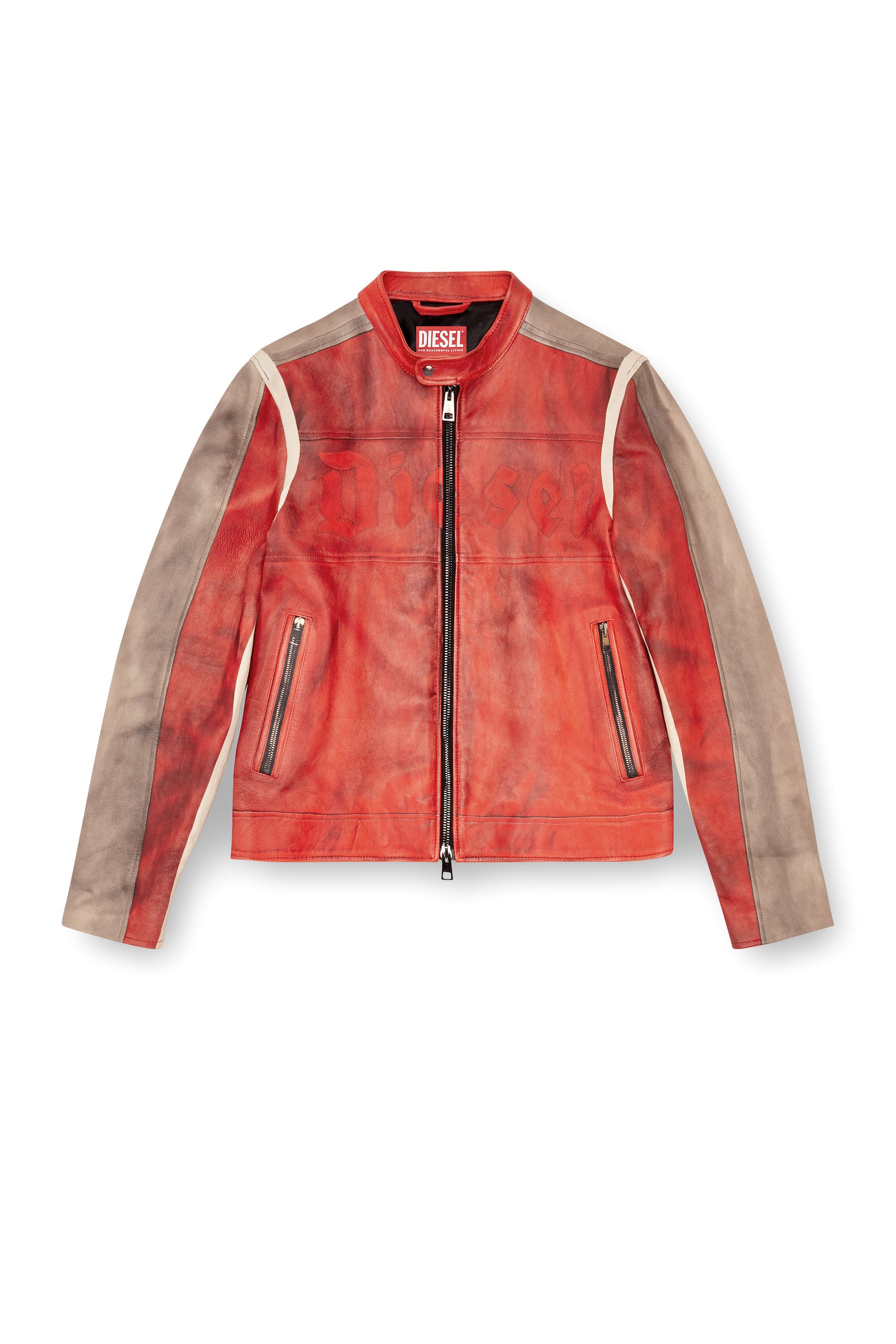 Diesel - L-RUSCHA, Chaqueta biker de cuero con efecto de suciedad Hombre in Rojo - 5