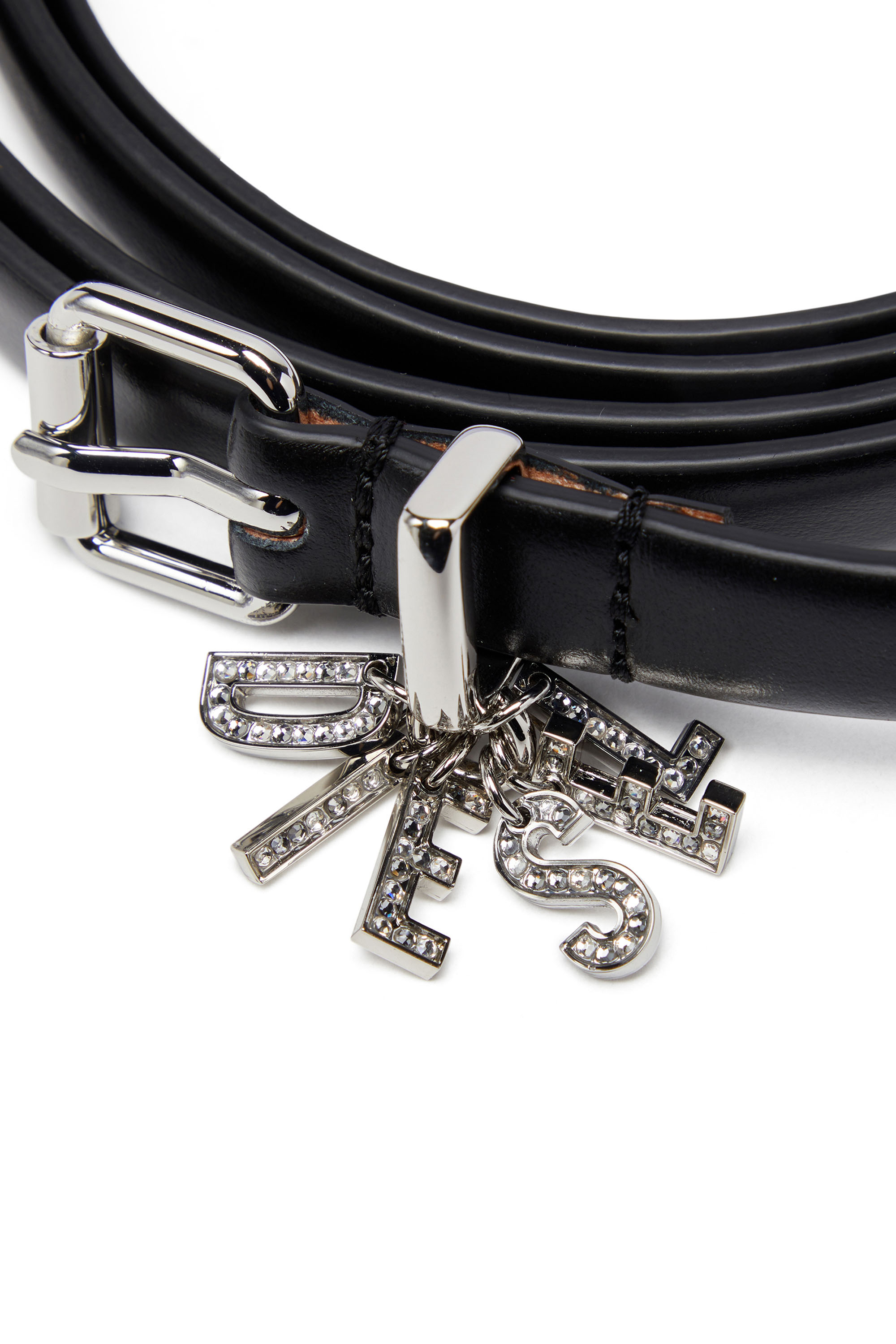 Diesel - B-CHARM-LOOP DOUBLE, Woman's Leather belt with crystal logo charms in Black - 3